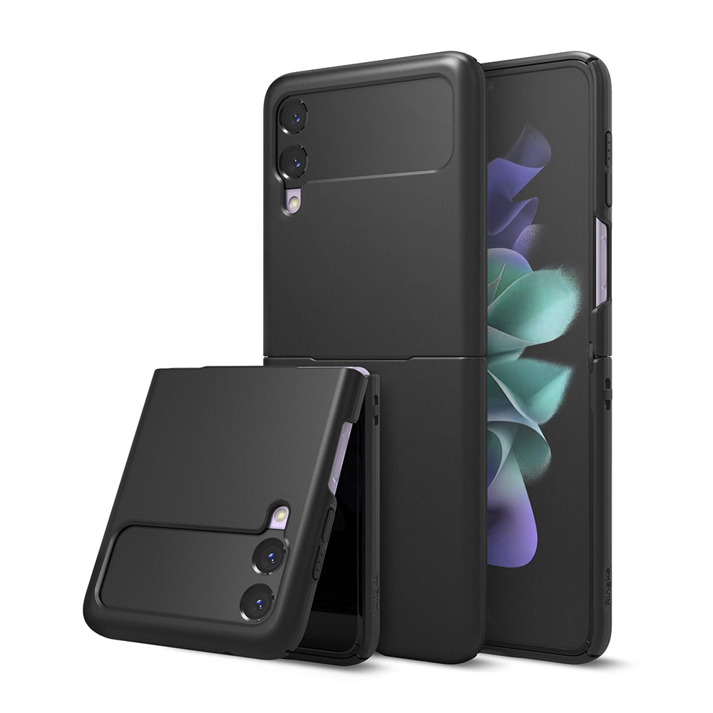 Galaxy Z Flip 3 Case | Slim - Matte black protective cases shown on a folded and unfolded Galaxy Z Flip 3 smartphone.