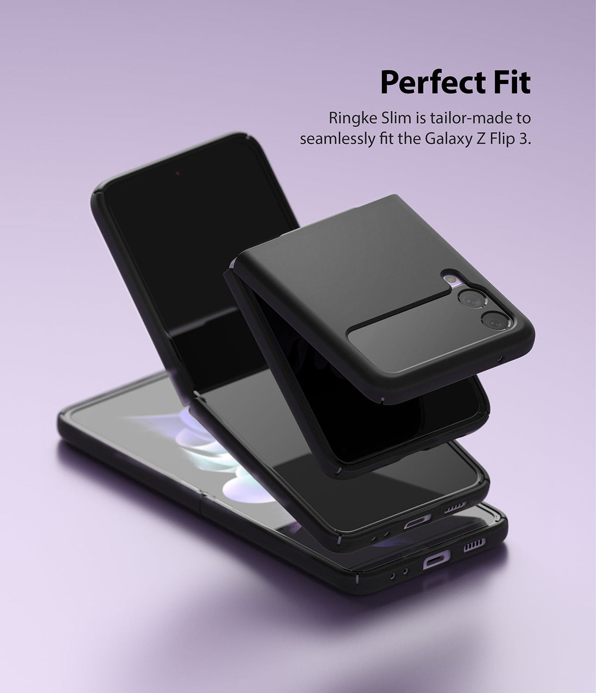 Galaxy Z Flip 3 Case | Slim - Exploded view of a black phone case fitting onto a Galaxy Z Flip 3 against a purple background.