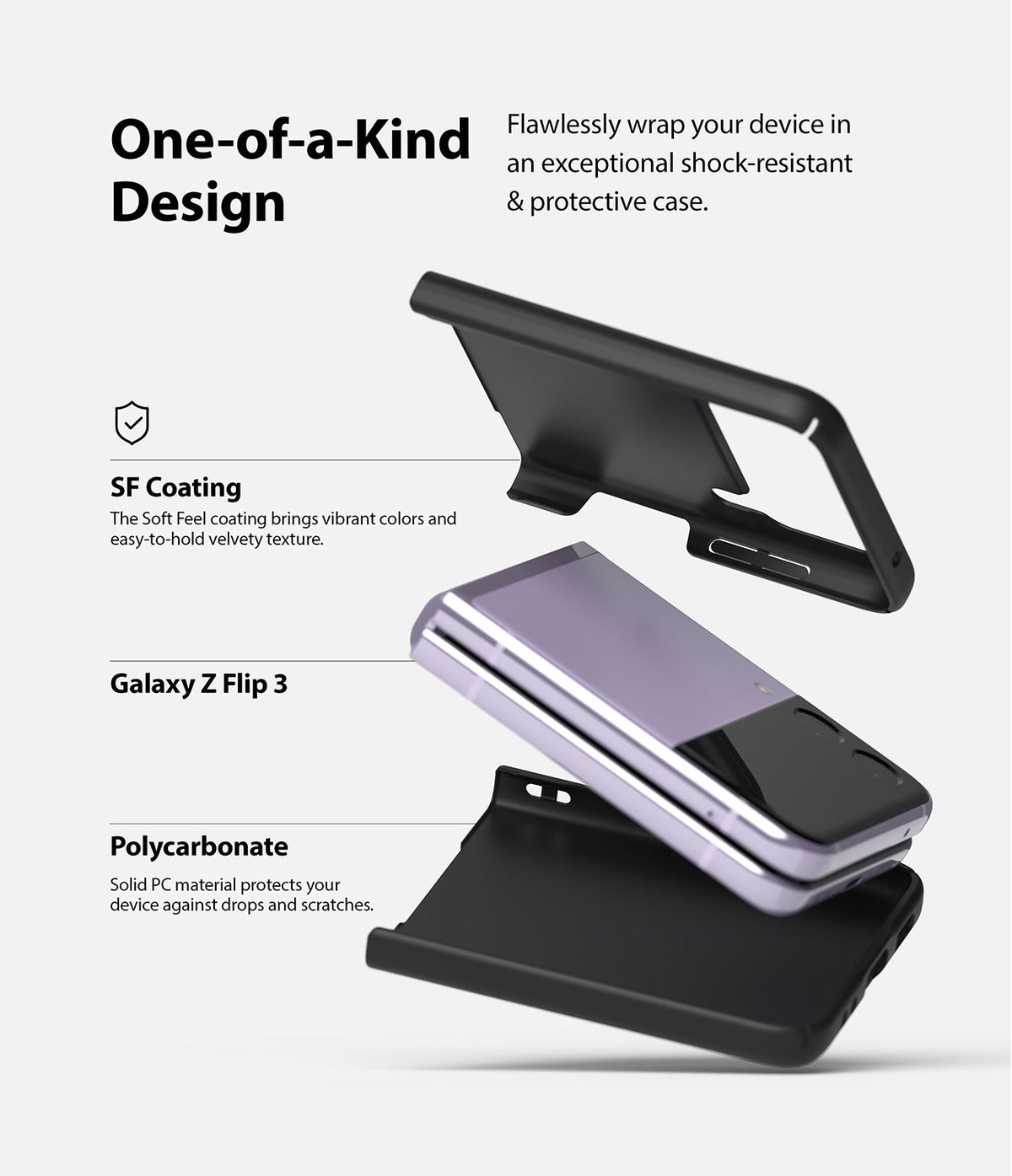 Galaxy Z Flip 3 Case | Slim - Exploded view of a purple Galaxy Z Flip 3 between two black protective case pieces.