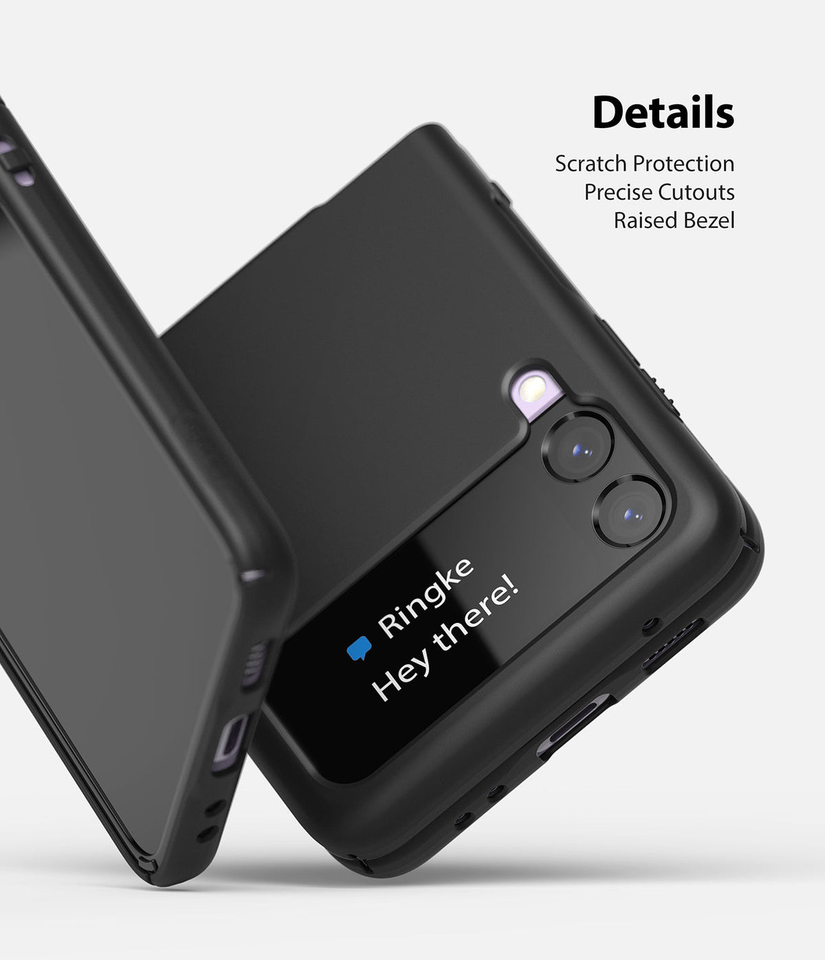 Galaxy Z Flip 3 Case | Slim - Black slim case on a Galaxy Z Flip 3 showing camera cutouts, raised bezels, and screen.