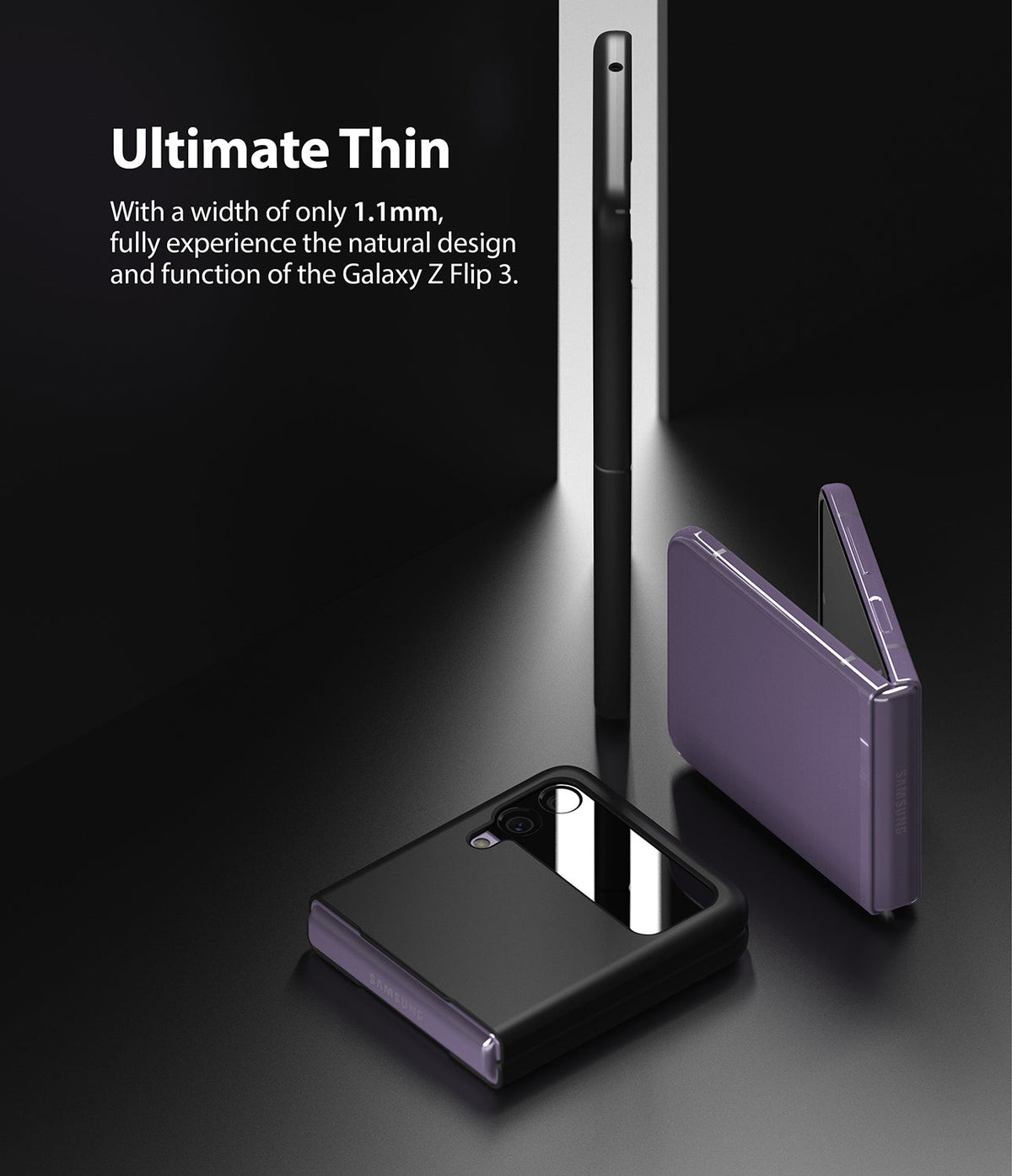 Galaxy Z Flip 3 Case | Slim - A purple Galaxy Z Flip 3 in a thin black case, shown folded, partially open, and upright.