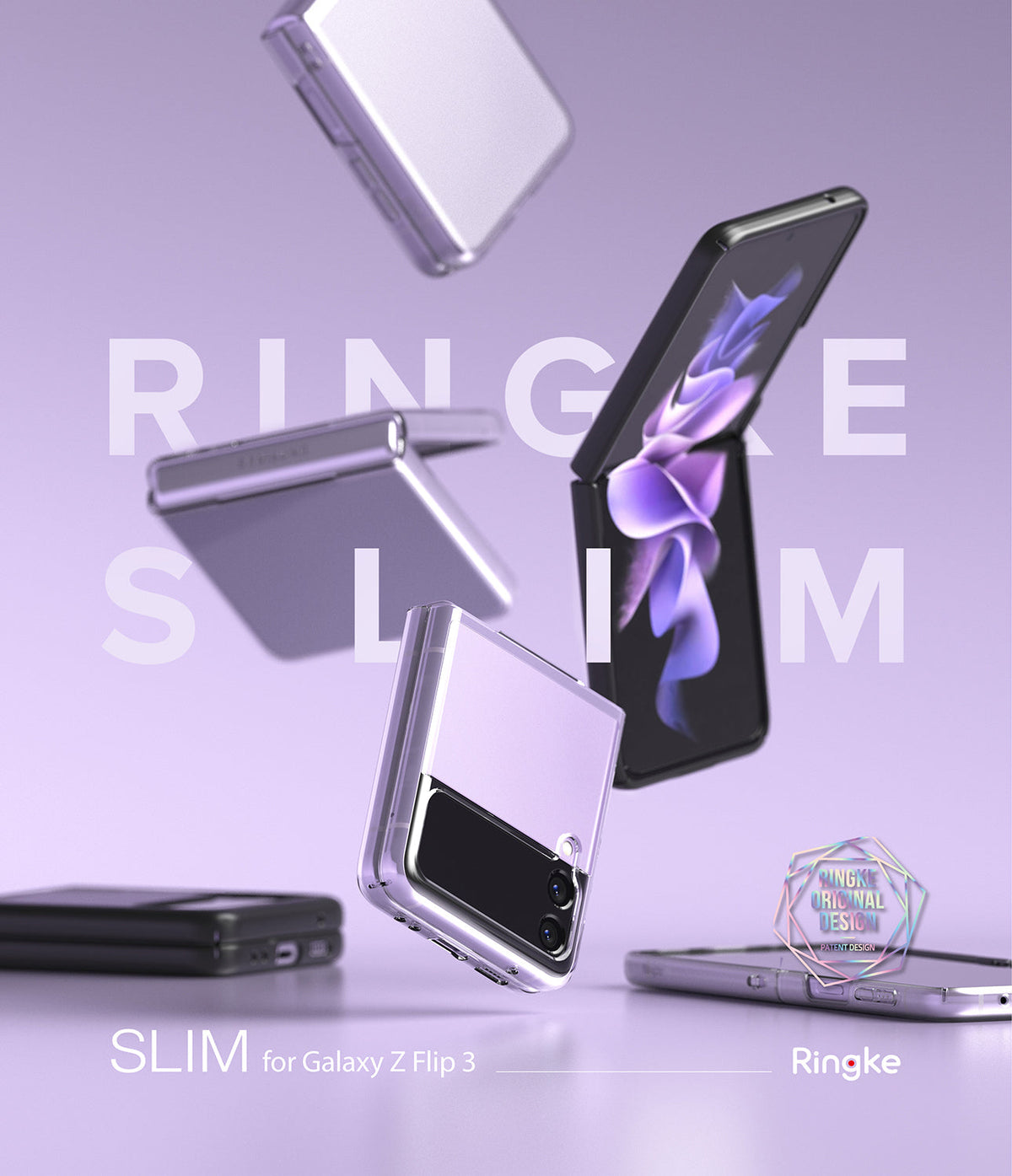 Galaxy Z Flip 3 Case | Slim - Multiple Galaxy Z Flip 3 phones in clear cases floating against a soft purple background.