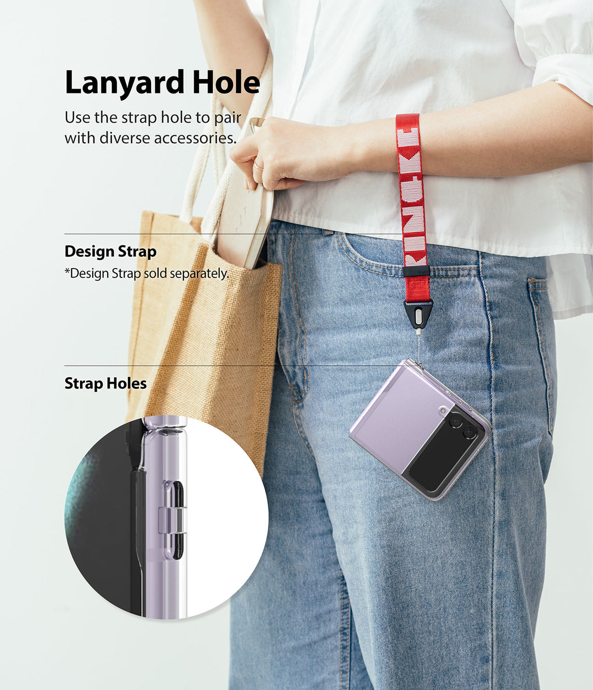 Galaxy Z Flip 3 Case | Slim - A person wearing a red wrist strap attached to a purple Galaxy Z Flip 3 phone with a clear case.