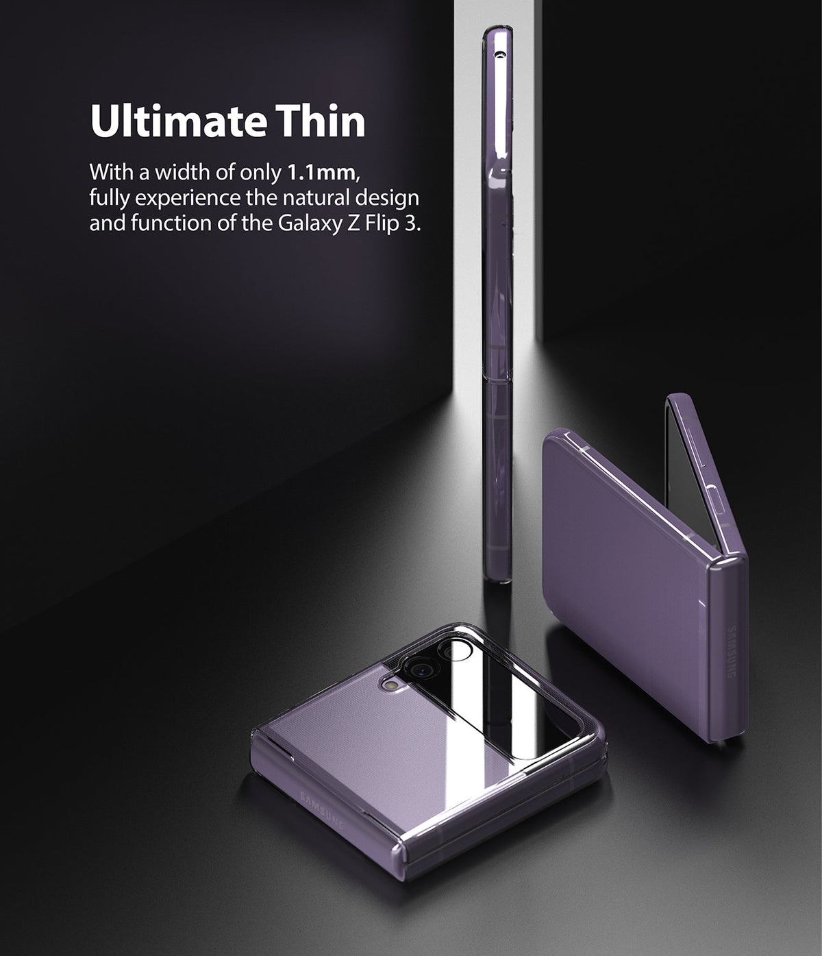 Galaxy Z Flip 3 Case | Slim - Three purple Galaxy Z Flip 3 phones in slim clear cases shown folded, half-folded, and upright.