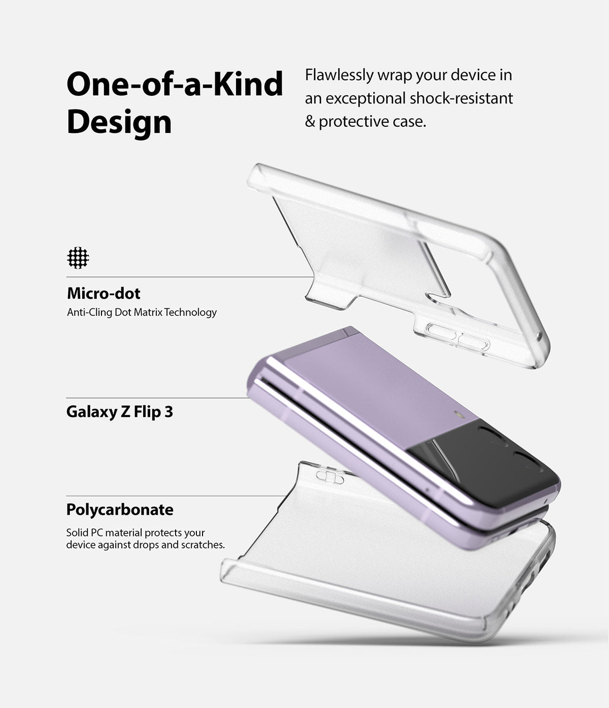 Galaxy Z Flip 3 Case | Slim - Exploded view of a purple Galaxy Z Flip 3 between two clear, protective polycarbonate case halves.