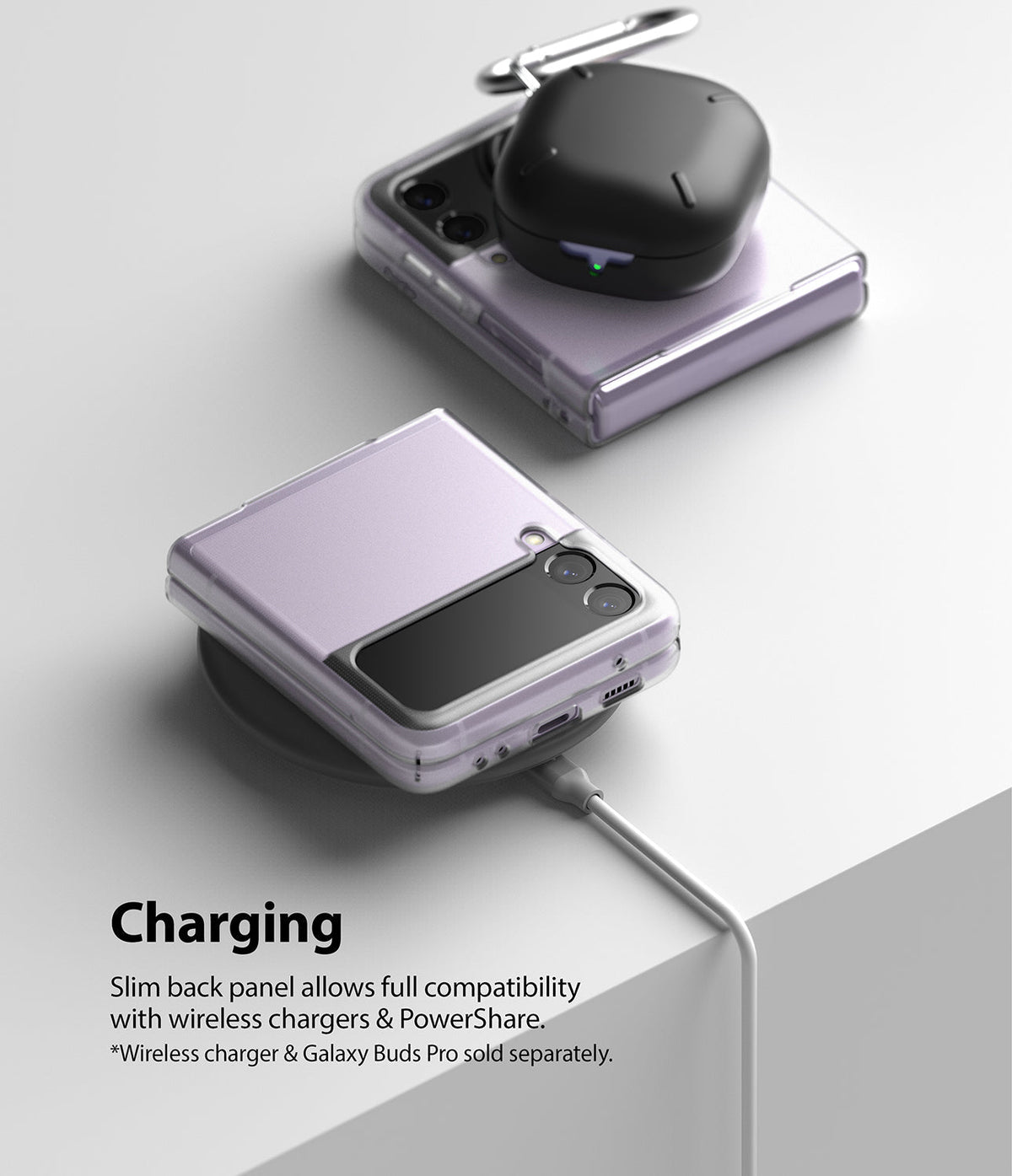 Galaxy Z Flip 3 Case | Slim - Lavender Galaxy Z Flip 3 in a clear case wirelessly charging black earbuds on a white surface.