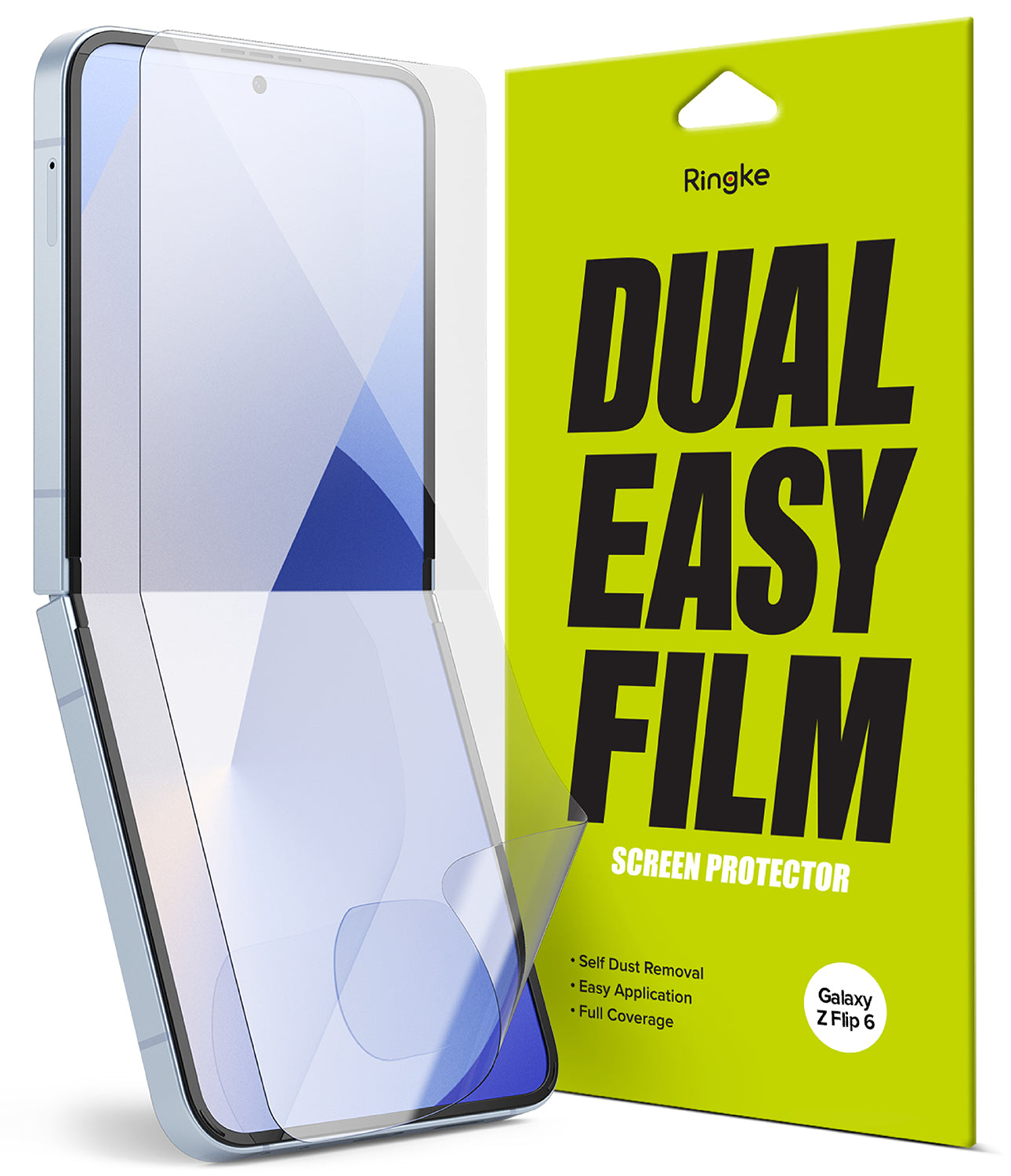 Galaxy Z Flip 6 Screen Protector | Dual Easy Film (2 Pack) - Galaxy Z Flip 6 Screen Protector - A foldable phone with a clear film being applied next to its bright green packaging.