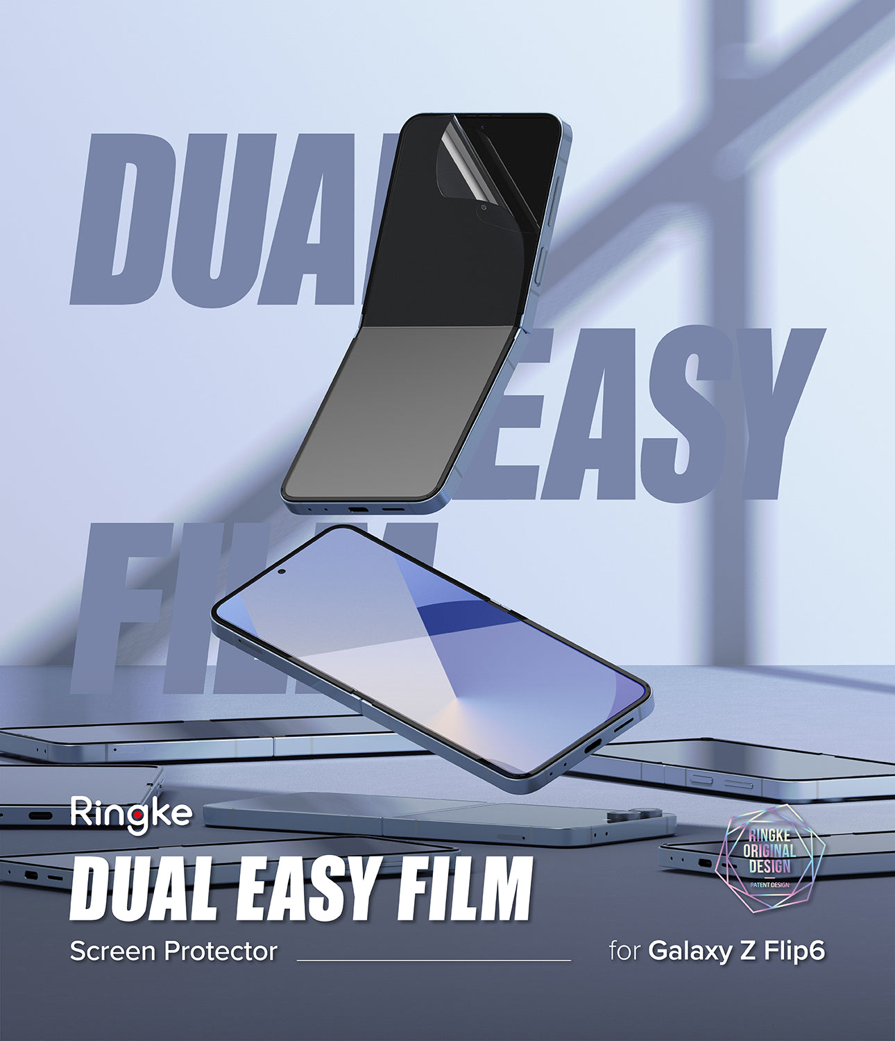 Galaxy Z Flip 6 Screen Protector | Dual Easy Film (2 Pack) - Galaxy Z Flip 6 Screen Protector - Two Galaxy Z Flip 6 phones with screen protectors against a blue background.