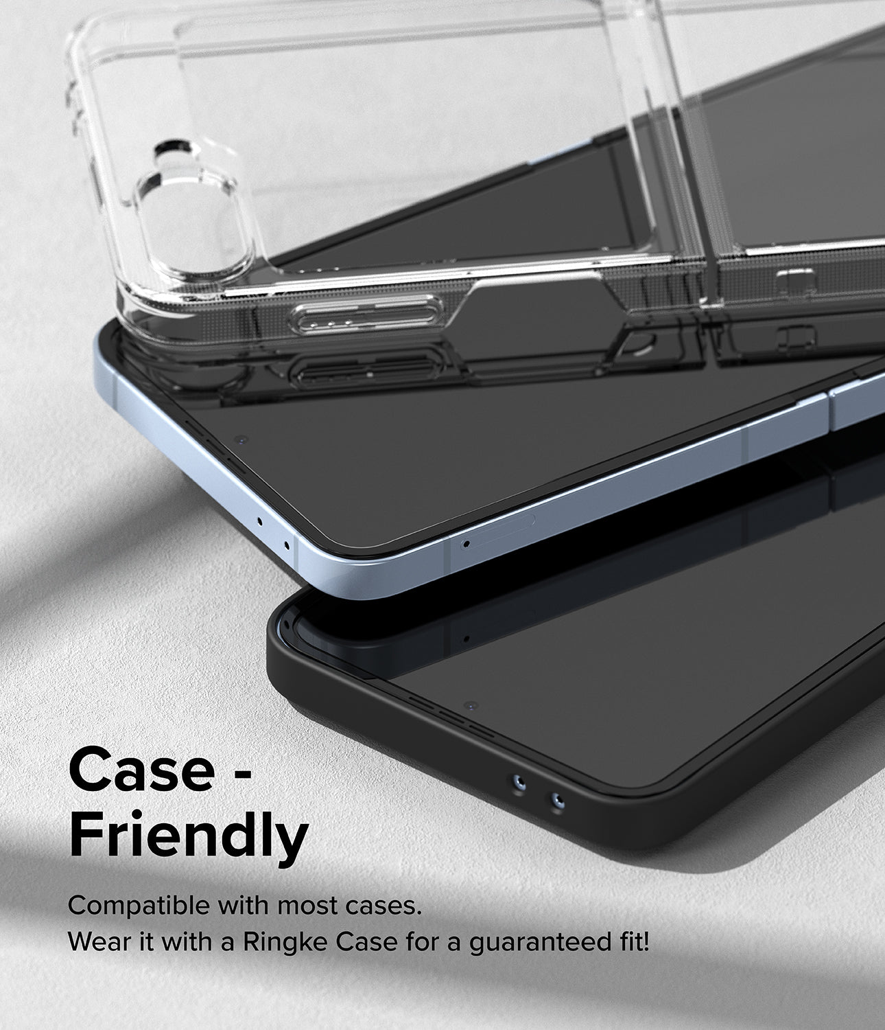 Galaxy Z Flip 7 FE Screen Protector | Dual Easy Film (2 Pack) - A clear phone case hovering above a light blue smartphone with a screen protector.