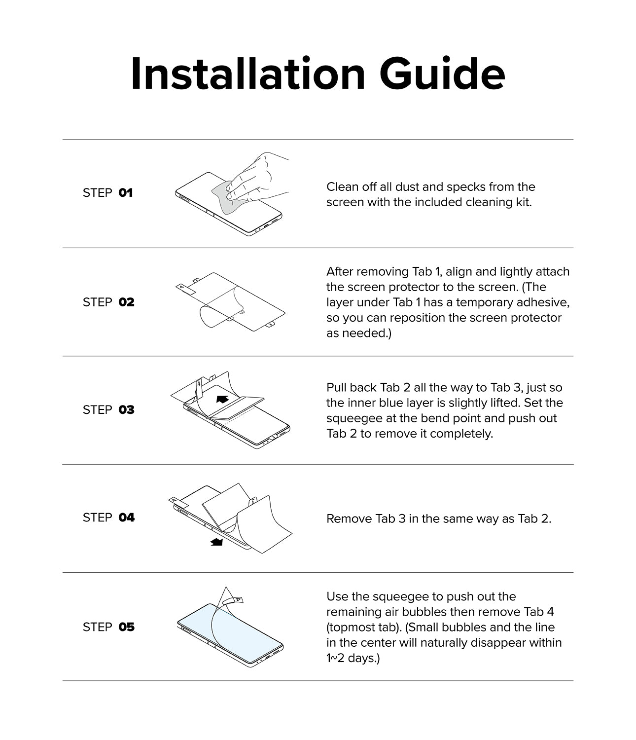 Galaxy Z Flip 6 Screen Protector | Dual Easy Film (2 Pack) - Galaxy Z Flip 6 Screen Protector - Five-step illustrated installation guide for applying a screen protector to a phone.