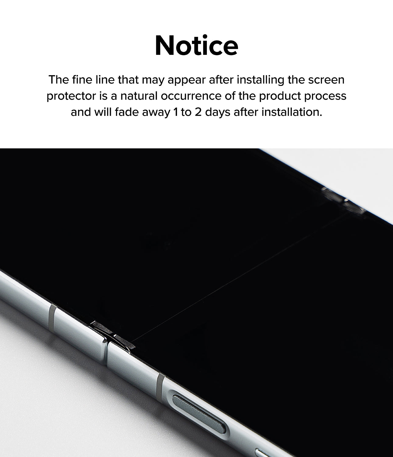 Galaxy Z Flip 7 FE Screen Protector | Dual Easy Film (2 Pack) - Notice text above a close-up of a foldable phone screen showing a faint center line.