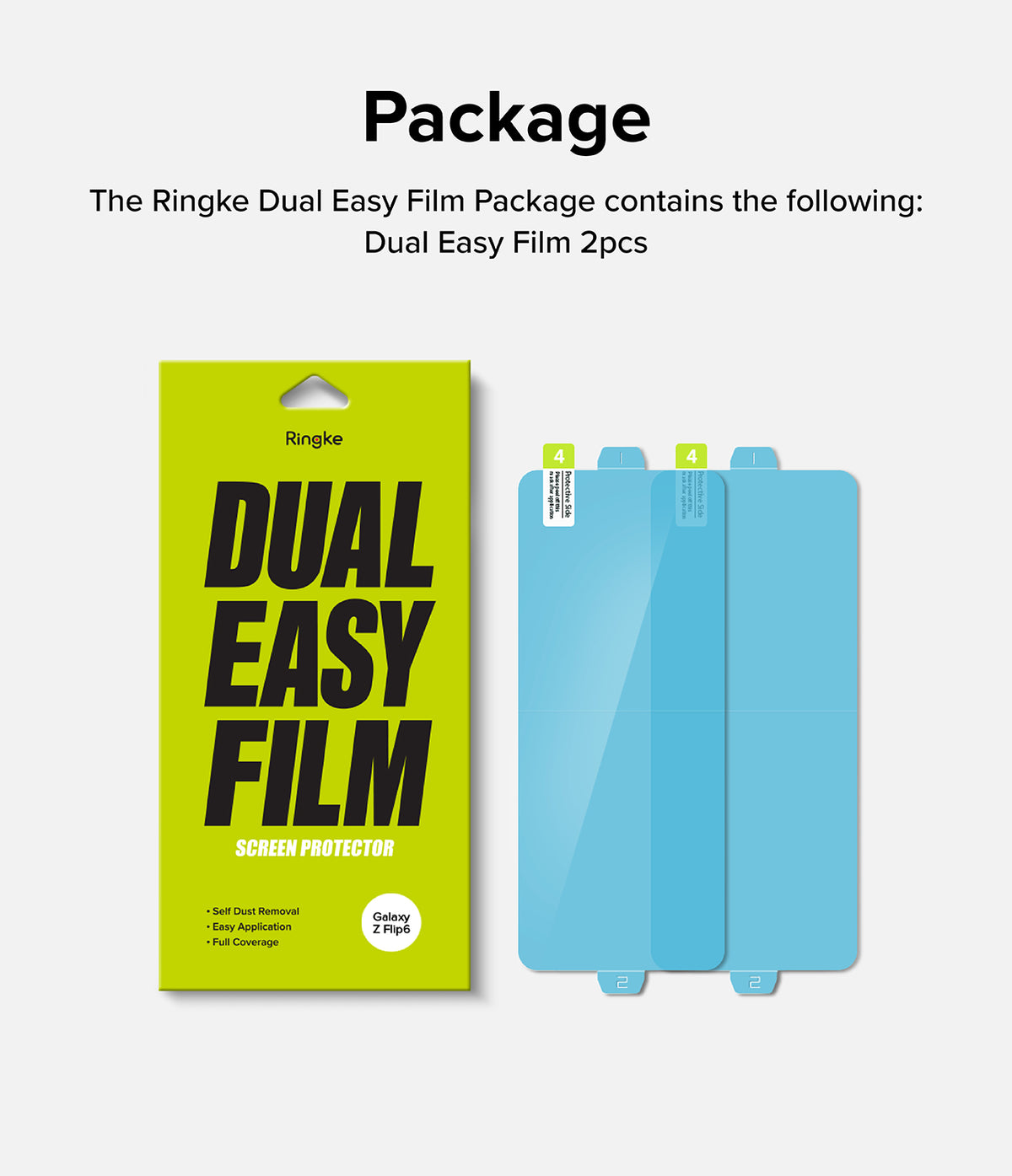 Galaxy Z Flip 7 FE Screen Protector | Dual Easy Film (2 Pack) - Lime green product box next to two blue screen films.