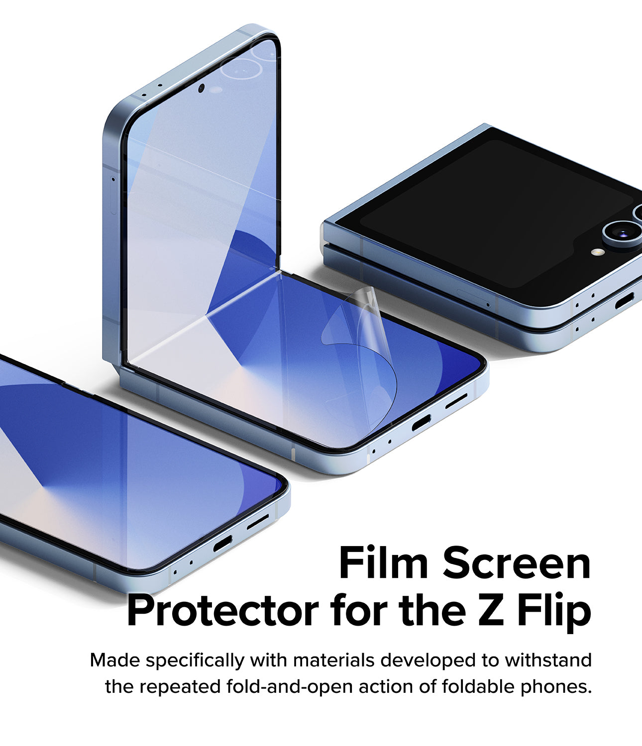 Galaxy Z Flip 7 FE Screen Protector | Dual Easy Film (2 Pack) - A clear film being applied to the inner folding screen of a blue Galaxy Z Flip phone.