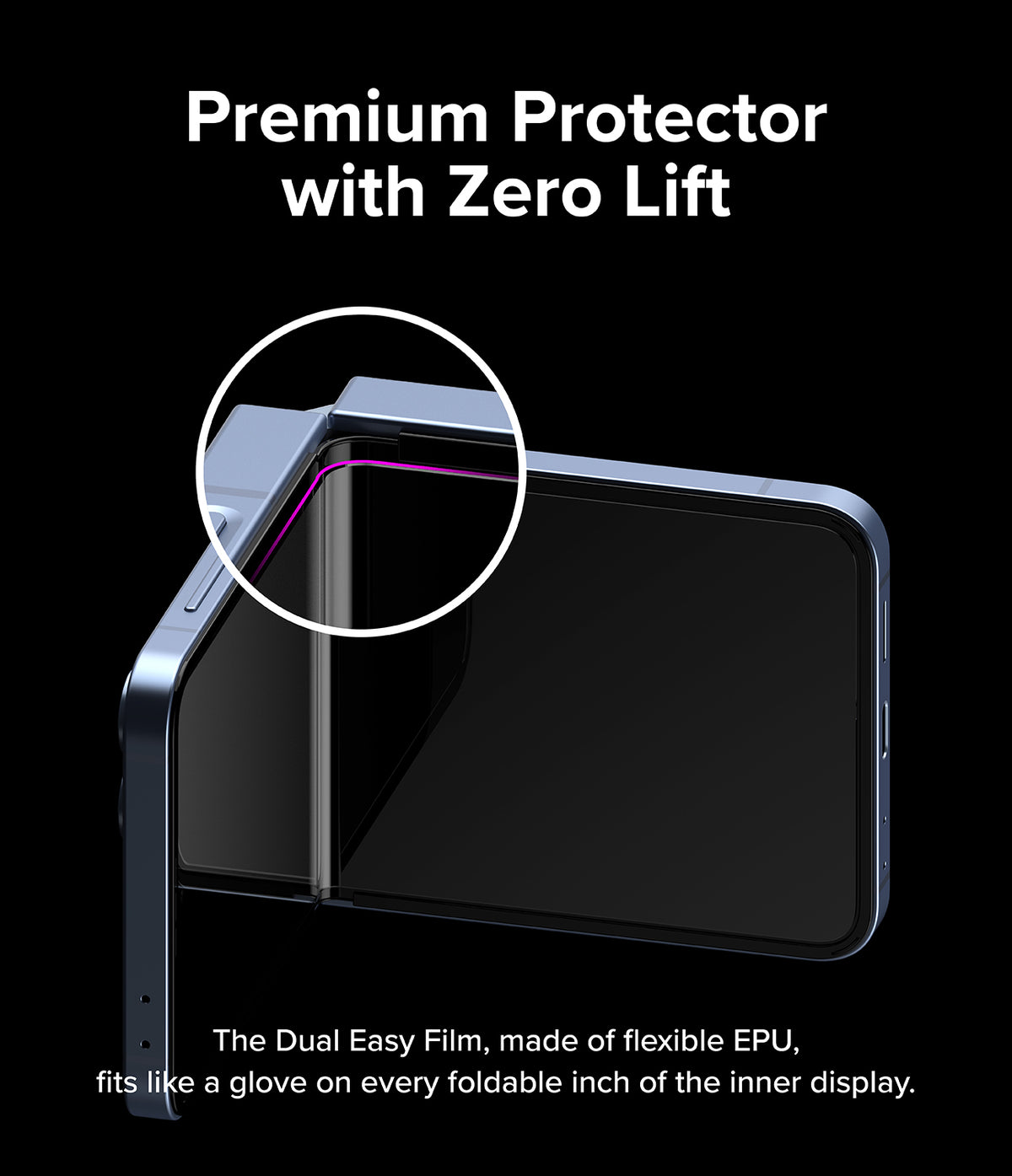 Galaxy Z Flip 7 FE Screen Protector | Dual Easy Film (2 Pack) - Close-up of a foldable phone hinge with a highlighted purple edge showing a snug fit.