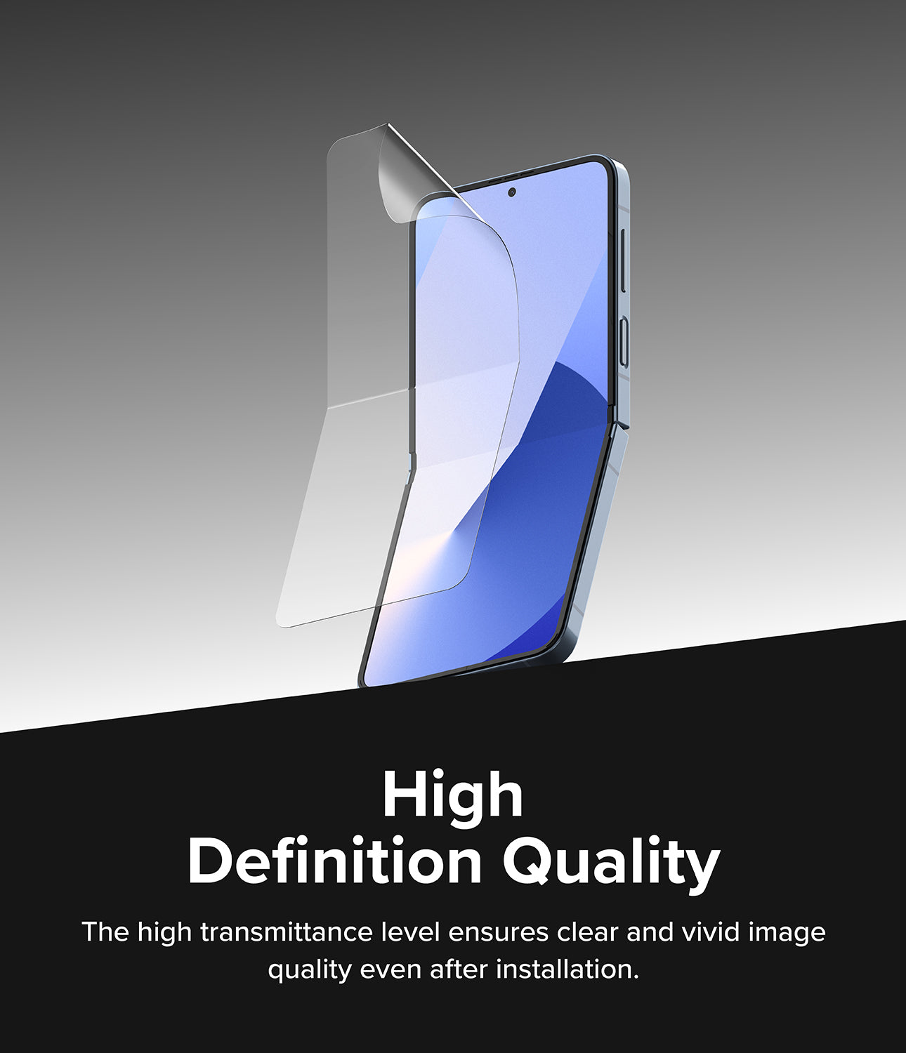 Galaxy Z Flip 7 FE Screen Protector | Dual Easy Film (2 Pack) - Transparent film being applied to a foldable smartphone screen against a grey background.