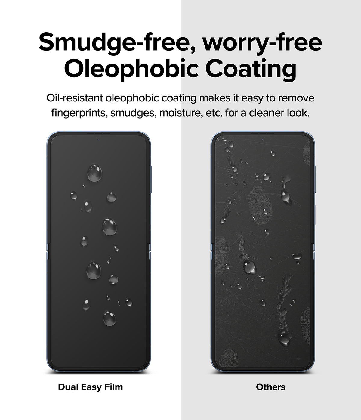 Galaxy Z Flip 7 FE Screen Protector | Dual Easy Film (2 Pack) - Comparison of a clean screen protector with water beads versus a smudged screen.