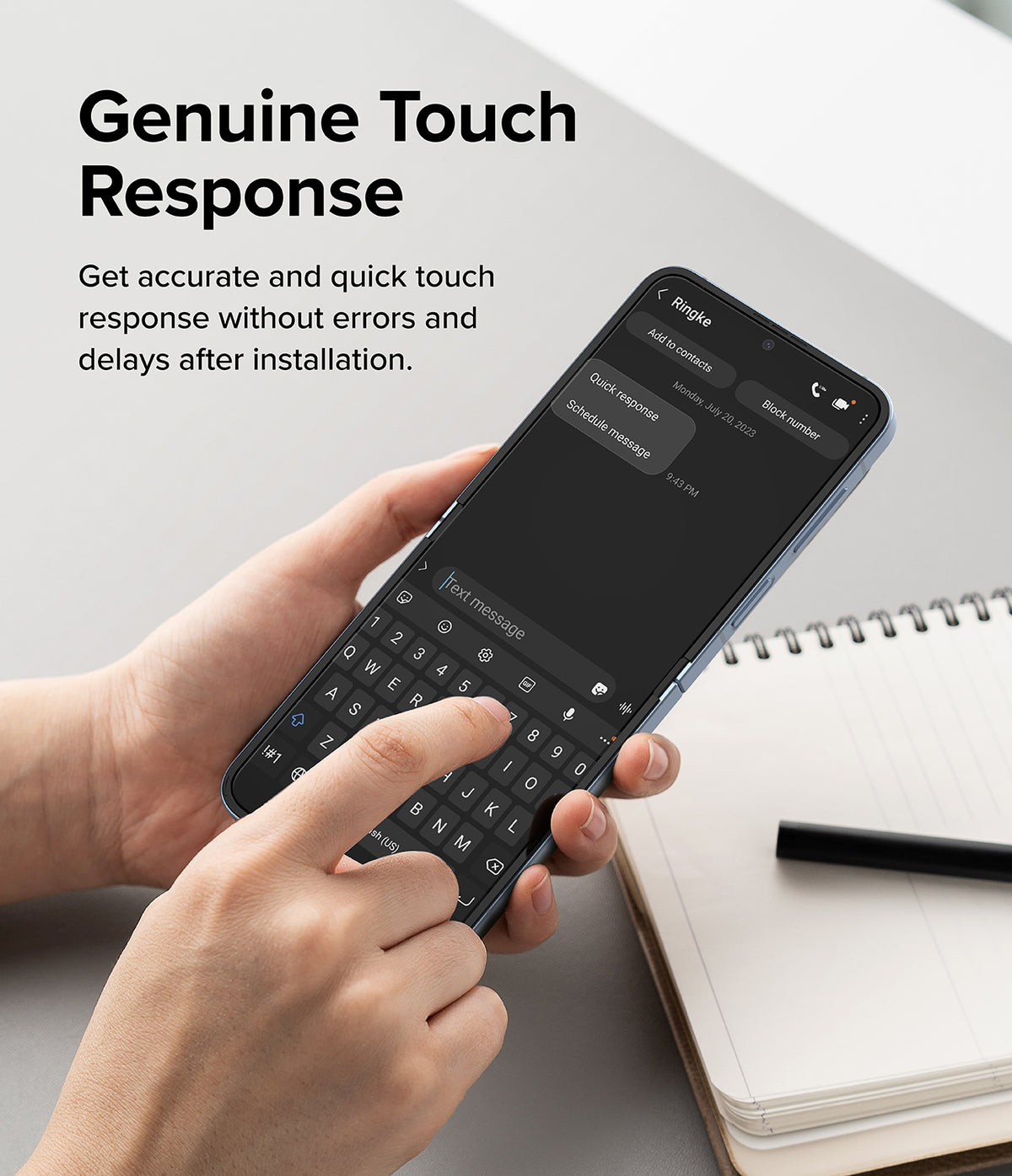 Galaxy Z Flip 7 FE Screen Protector | Dual Easy Film (2 Pack) - Hands typing on a Galaxy Z Flip phone screen to demonstrate responsive touch.