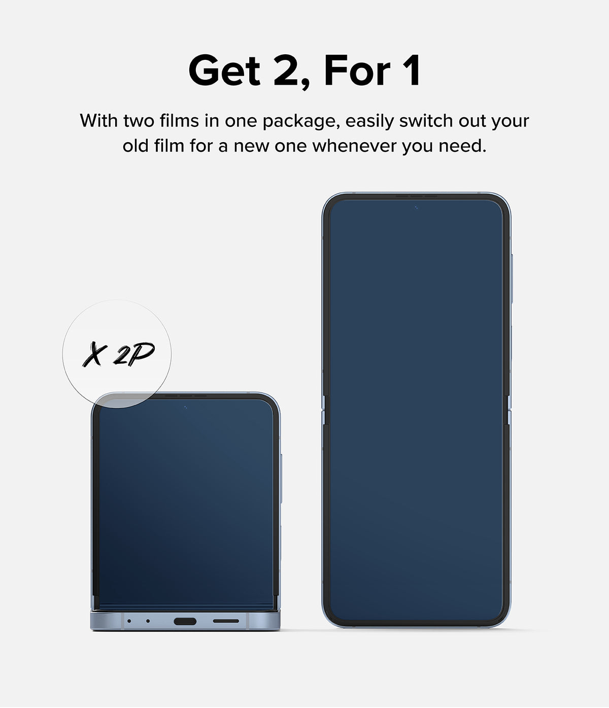 Galaxy Z Flip 7 FE Screen Protector | Dual Easy Film (2 Pack) - Two Galaxy Z Flip phones shown with a 2-pack label, highlighting two included films.