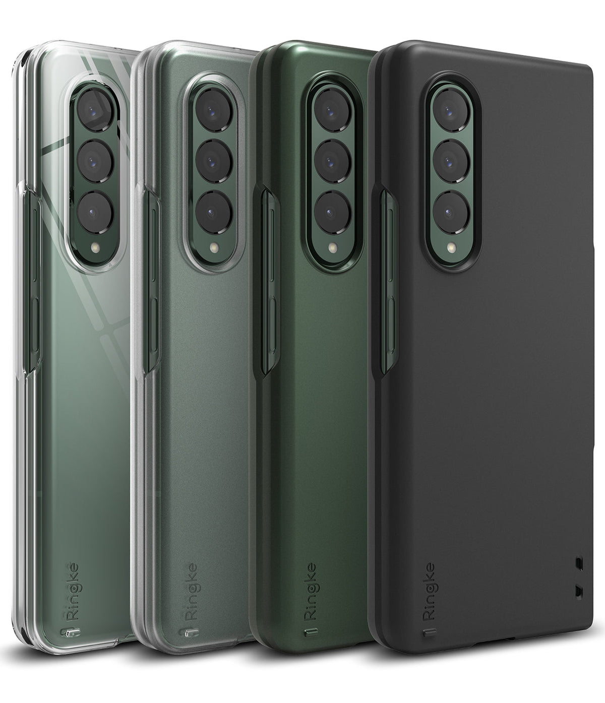 Galaxy Z Fold 3 Case | Slim - Four Galaxy Z Fold 3 phones in clear, matte green, dark green, and black slim cases side-by-side.