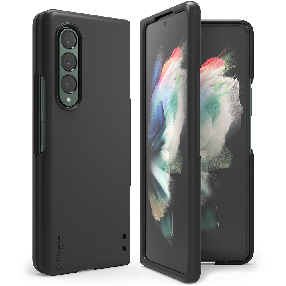 Galaxy Z Fold 3 Case | Slim - Matte black protective case shown from rear and front angles on a Galaxy Z Fold 3.