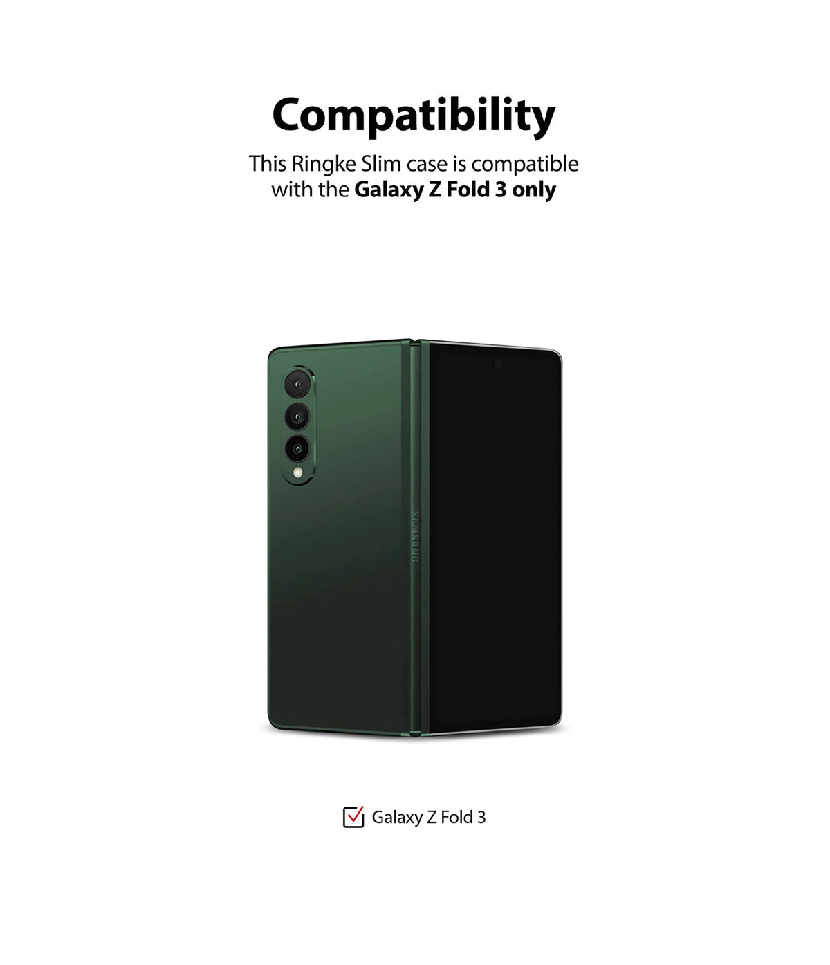 Galaxy Z Fold 3 Case | Slim - A green Galaxy Z Fold 3 smartphone displayed with text confirming compatibility.