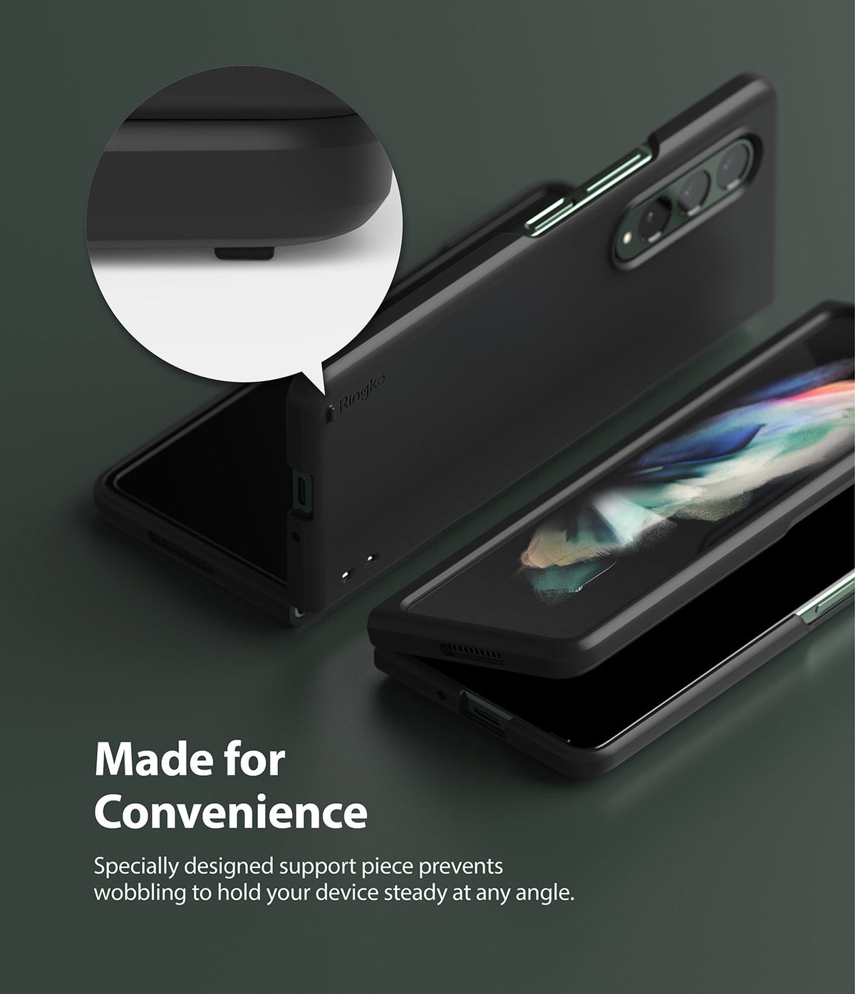Galaxy Z Fold 3 Case | Slim - Black case on Galaxy Z Fold 3 with a zoomed-in view of a support pad to prevent wobbling.