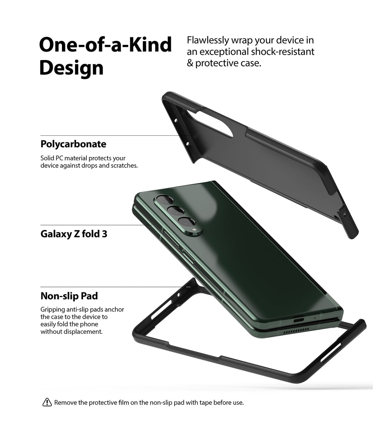 Galaxy Z Fold 3 Case | Slim - Exploded view of a Galaxy Z Fold 3 phone with two-piece protective polycarbonate case parts.