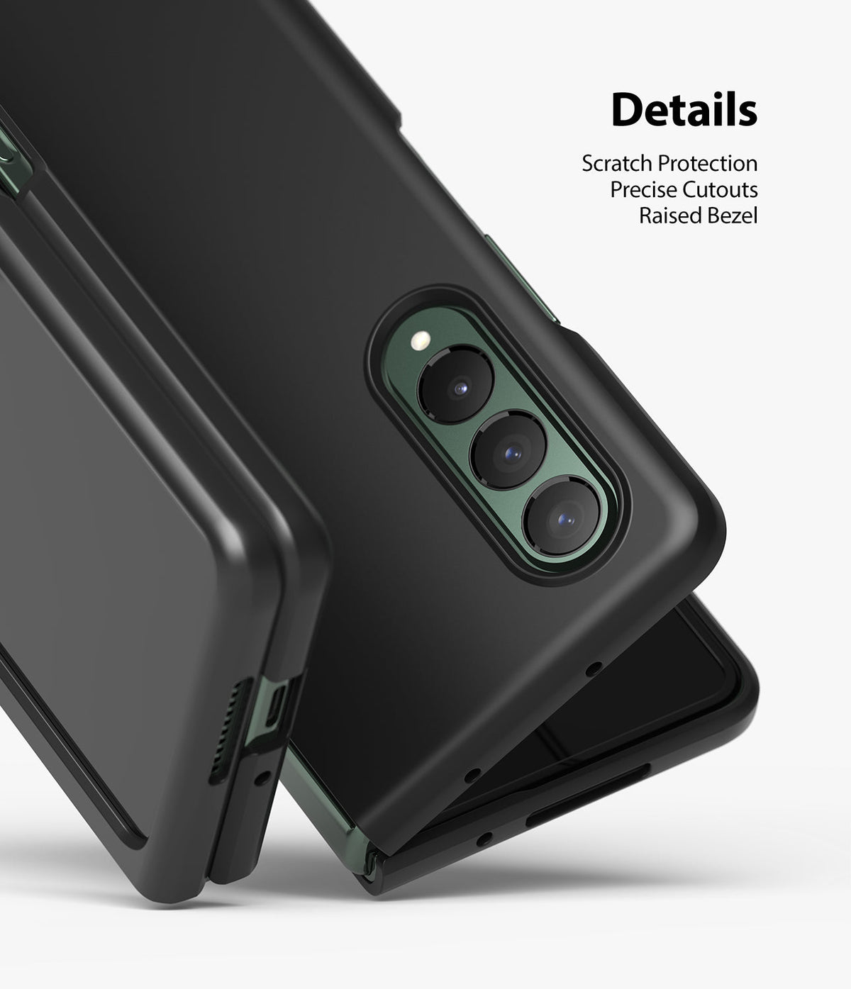 Galaxy Z Fold 3 Case | Slim - Black slim case on a Galaxy Z Fold 3 showing camera cutouts and protective details.