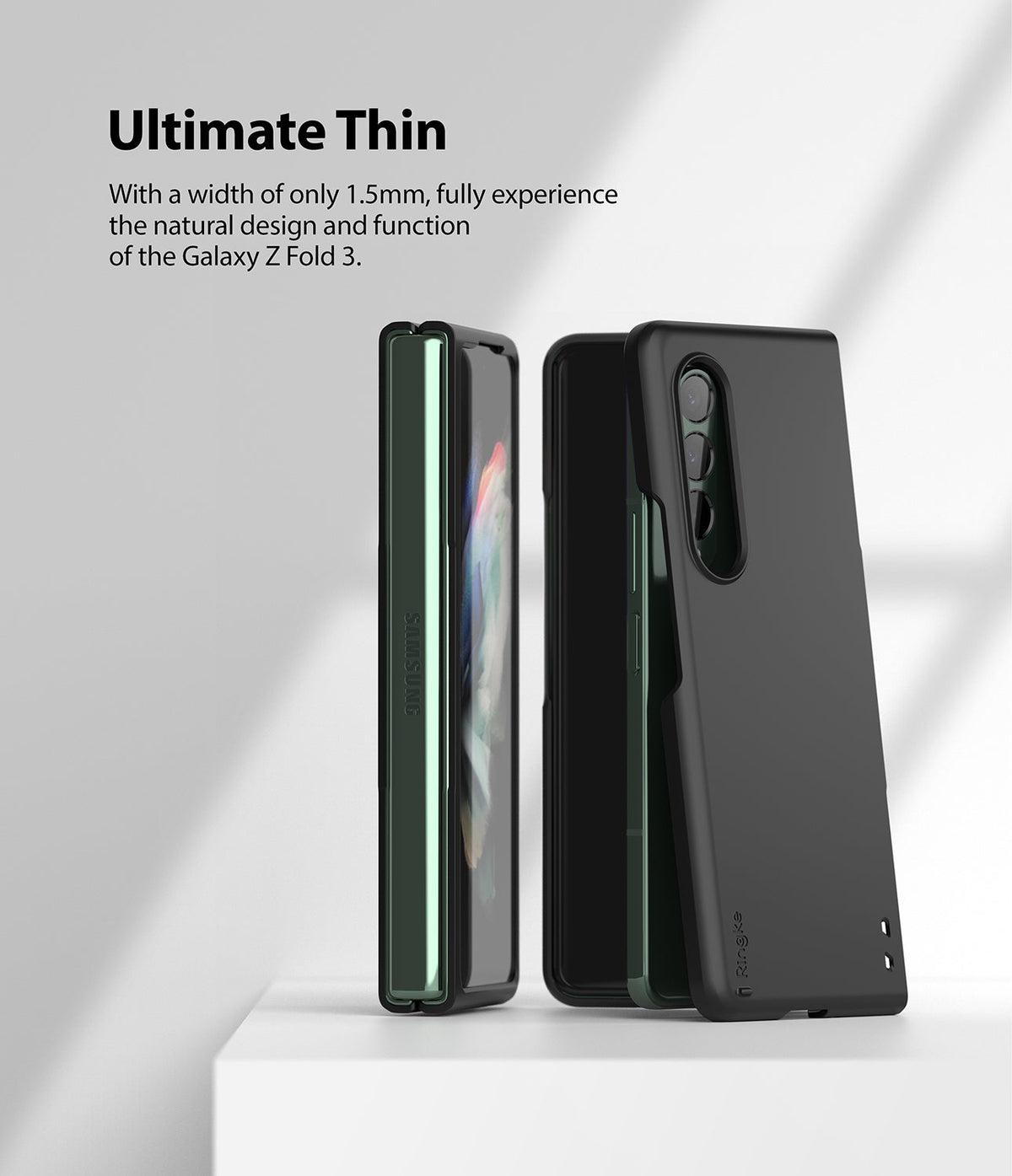 Galaxy Z Fold 3 Case | Slim - A black slim case on a Galaxy Z Fold 3, shown from the side and back on a white surface.