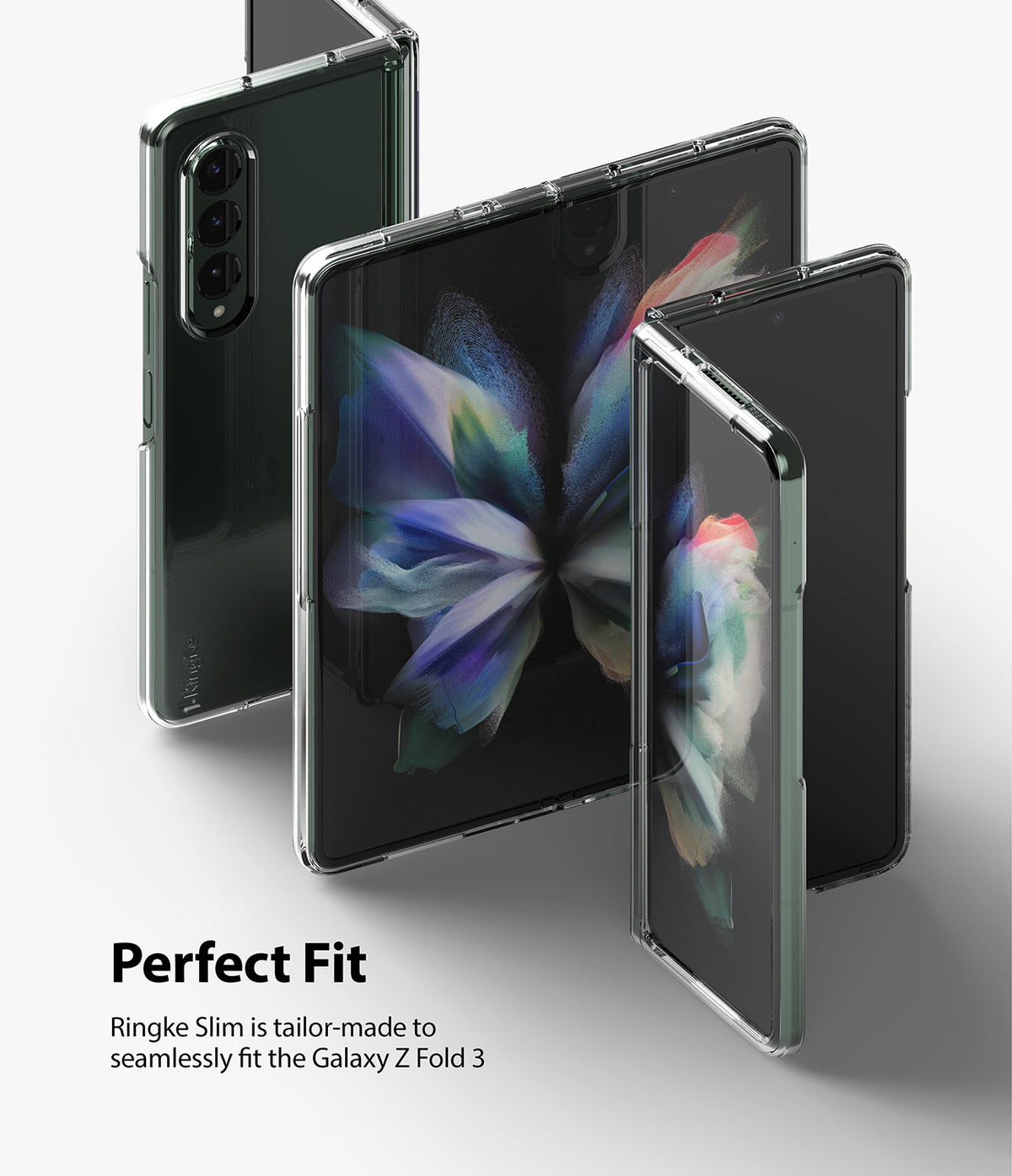 Galaxy Z Fold 3 Case | Slim - Three Galaxy Z Fold 3 phones in clear slim cases shown folded and unfolded against a white background.