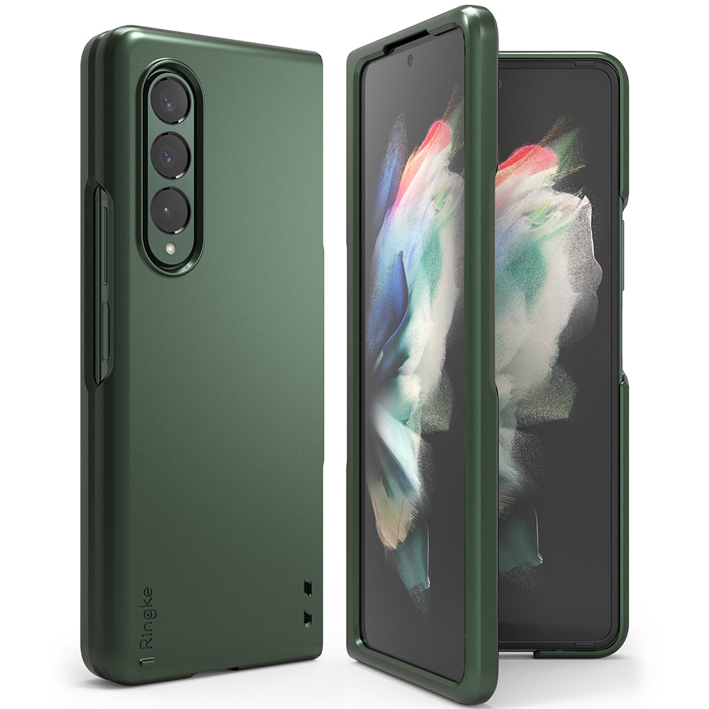 Galaxy Z Fold 3 Case | Slim - Dark green slim case for Galaxy Z Fold 3 shown from back and front angles.