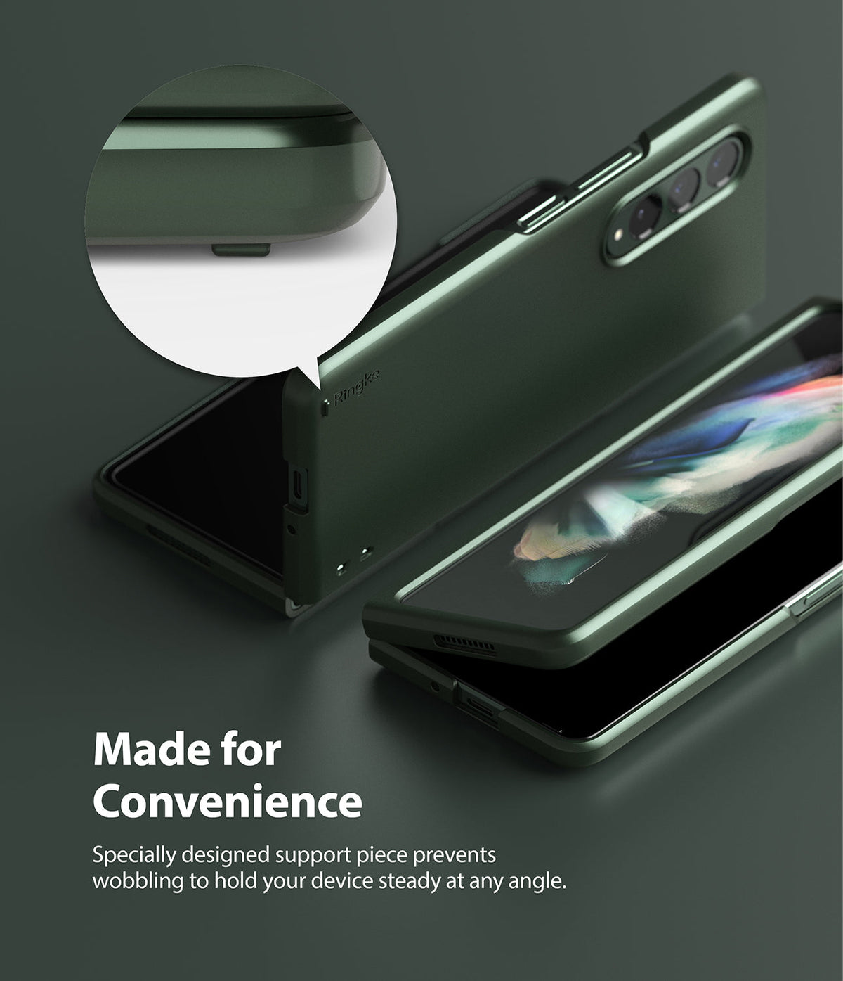 Galaxy Z Fold 3 Case | Slim - Dark green phone case with a close-up of a support piece to prevent wobbling on flat surfaces.