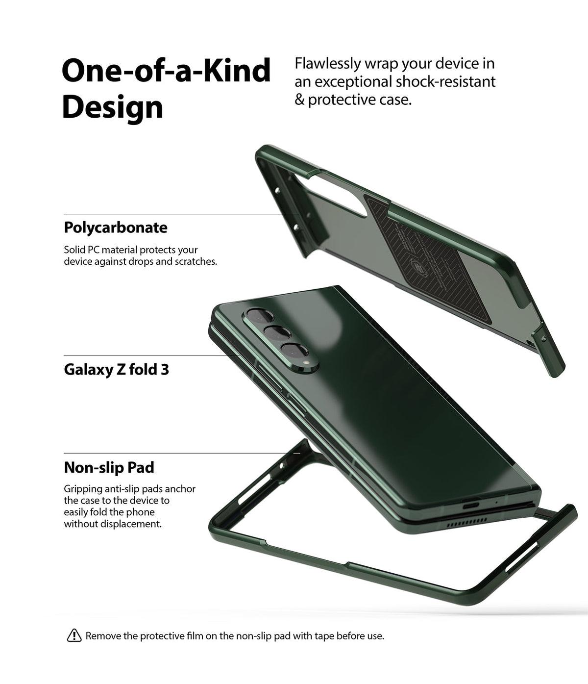 Galaxy Z Fold 3 Case | Slim - Exploded view of a dark green phone case showing polycarbonate shell, phone, and non-slip pads.