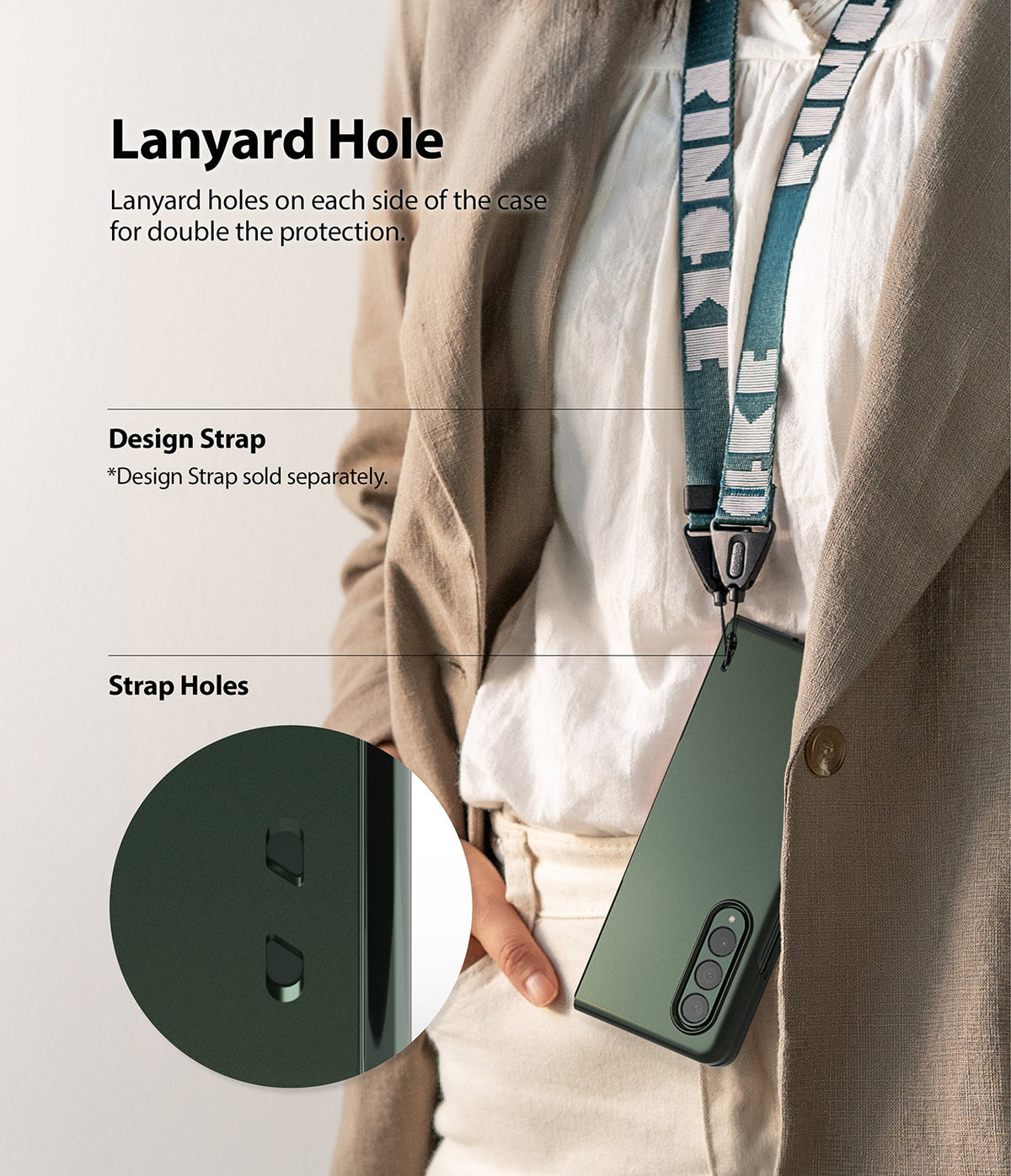 Galaxy Z Fold 3 Case | Slim - Green phone case with lanyard holes worn around the neck with a branded strap.