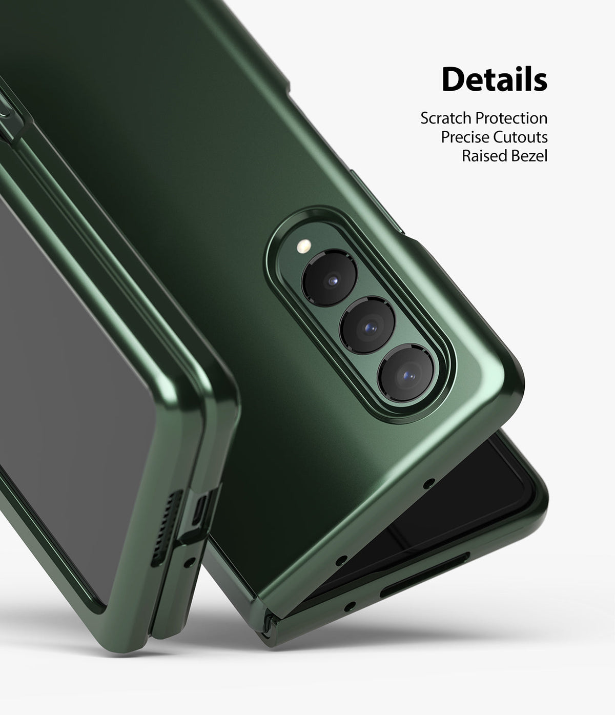 Galaxy Z Fold 3 Case | Slim - Dark green slim case on a Galaxy Z Fold 3 showing camera cutouts and protective bezels.