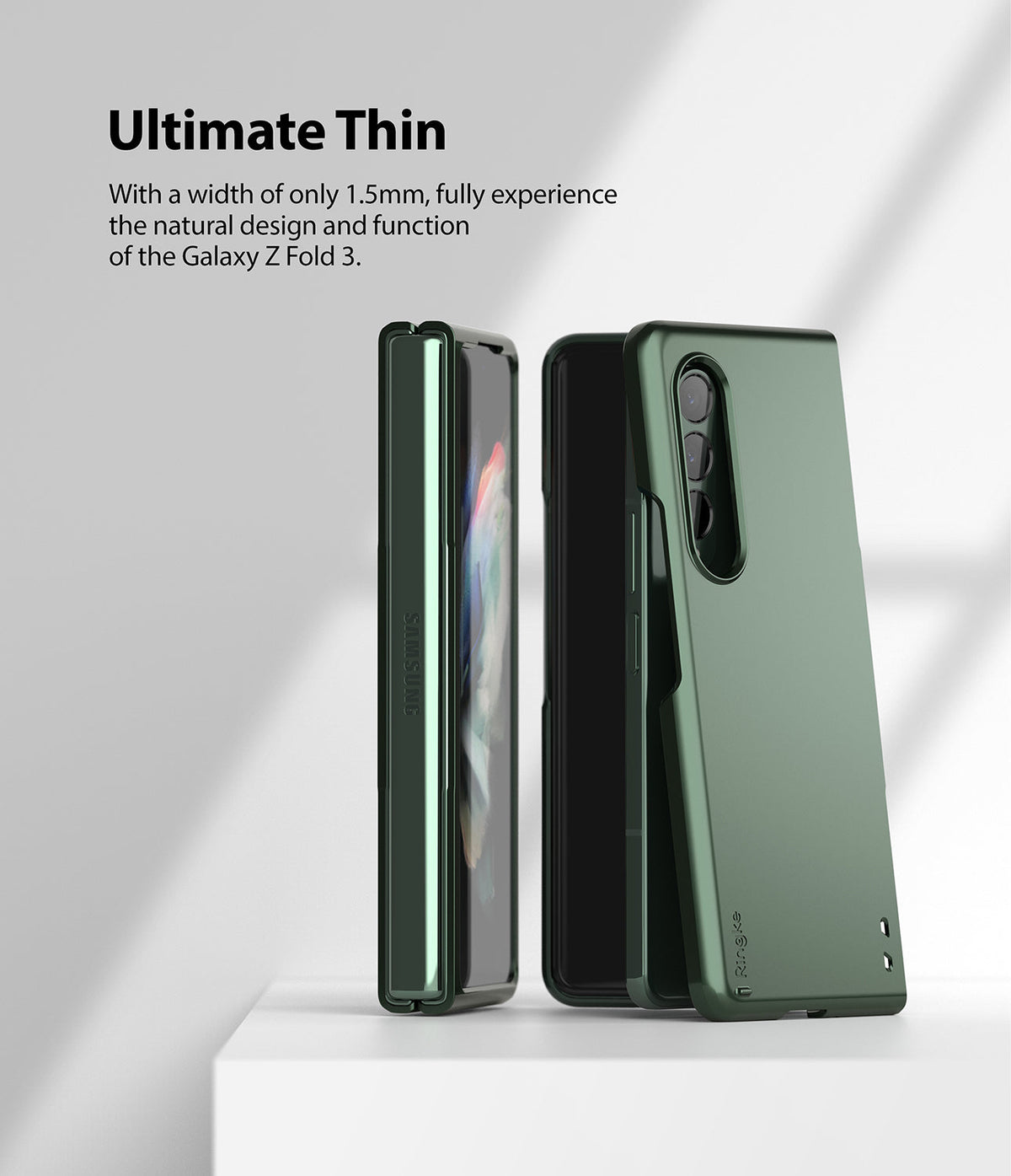 Galaxy Z Fold 3 Case | Slim - A dark green slim case for the Galaxy Z Fold 3 shown from the back and side on a white surface.