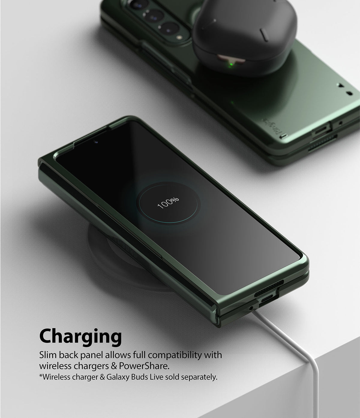 Galaxy Z Fold 3 Case | Slim - Folded phone in green case wirelessly charging with earbuds on top showing 100% battery.