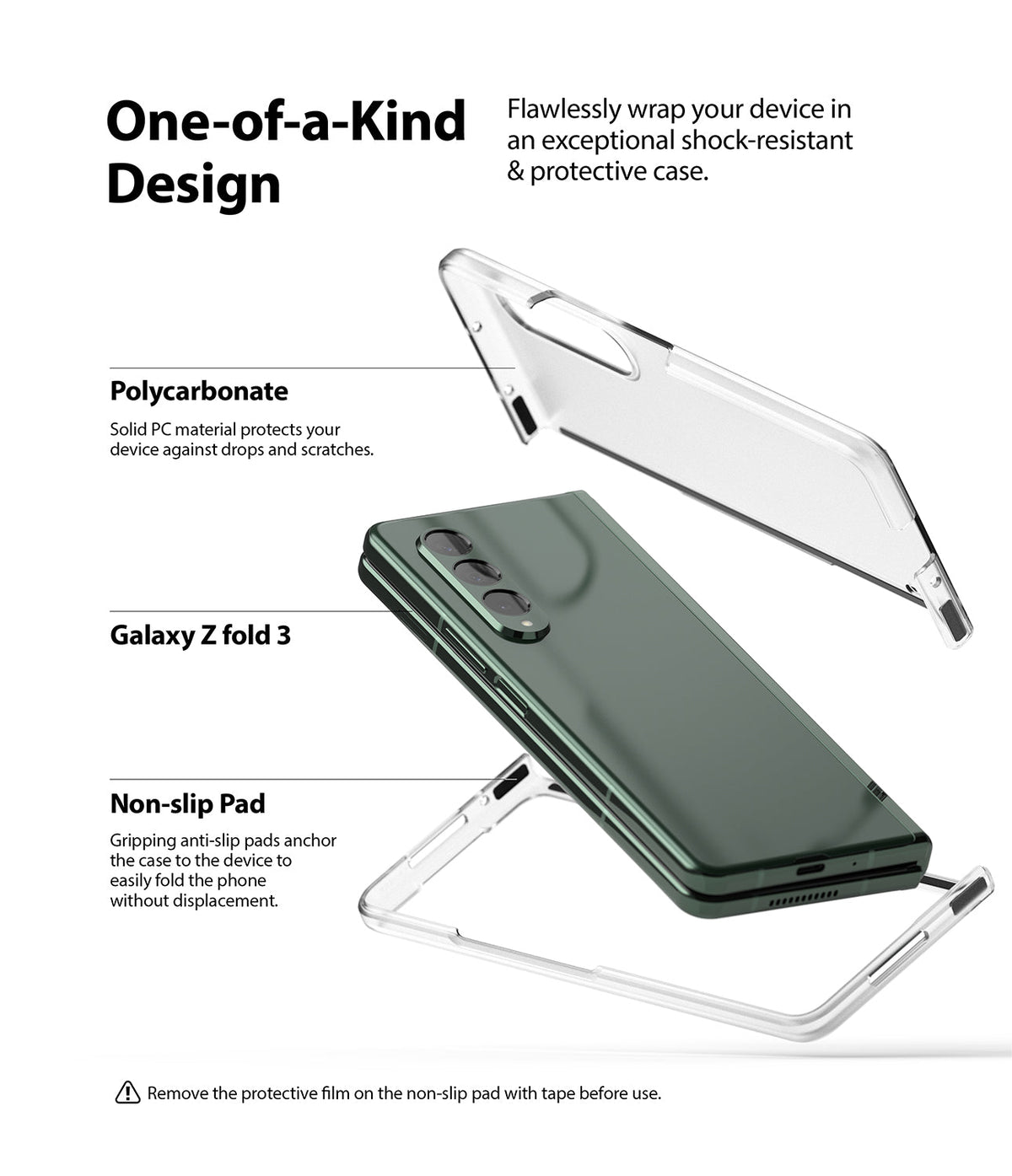 Galaxy Z Fold 3 Case | Slim - Exploded view of a green Galaxy Z Fold 3 phone with a clear, two-piece protective case.