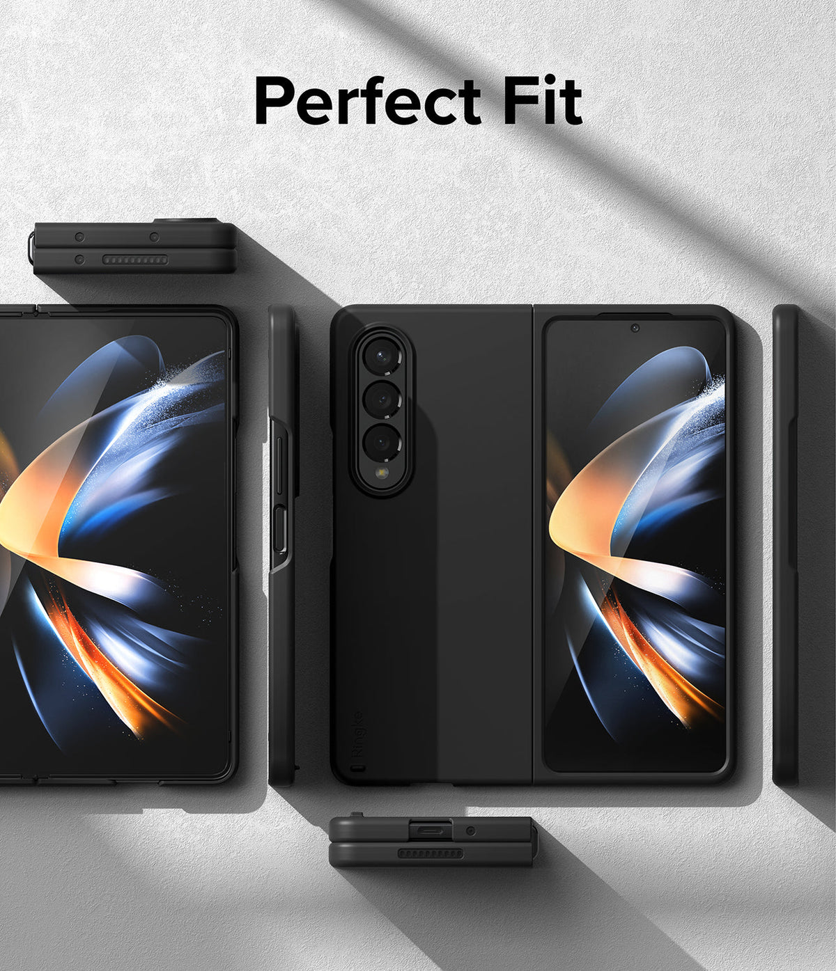 Galaxy Z Fold 4 Case | Slim - Black slim case on a Galaxy Z Fold 4 shown from multiple angles against a textured background.