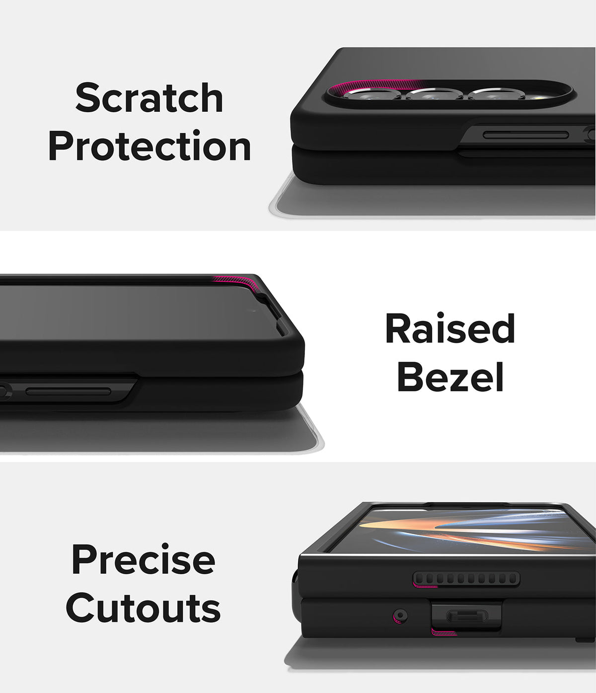 Galaxy Z Fold 4 Case | Slim - Three views showing camera protection, raised screen bezels, and precise port cutouts.
