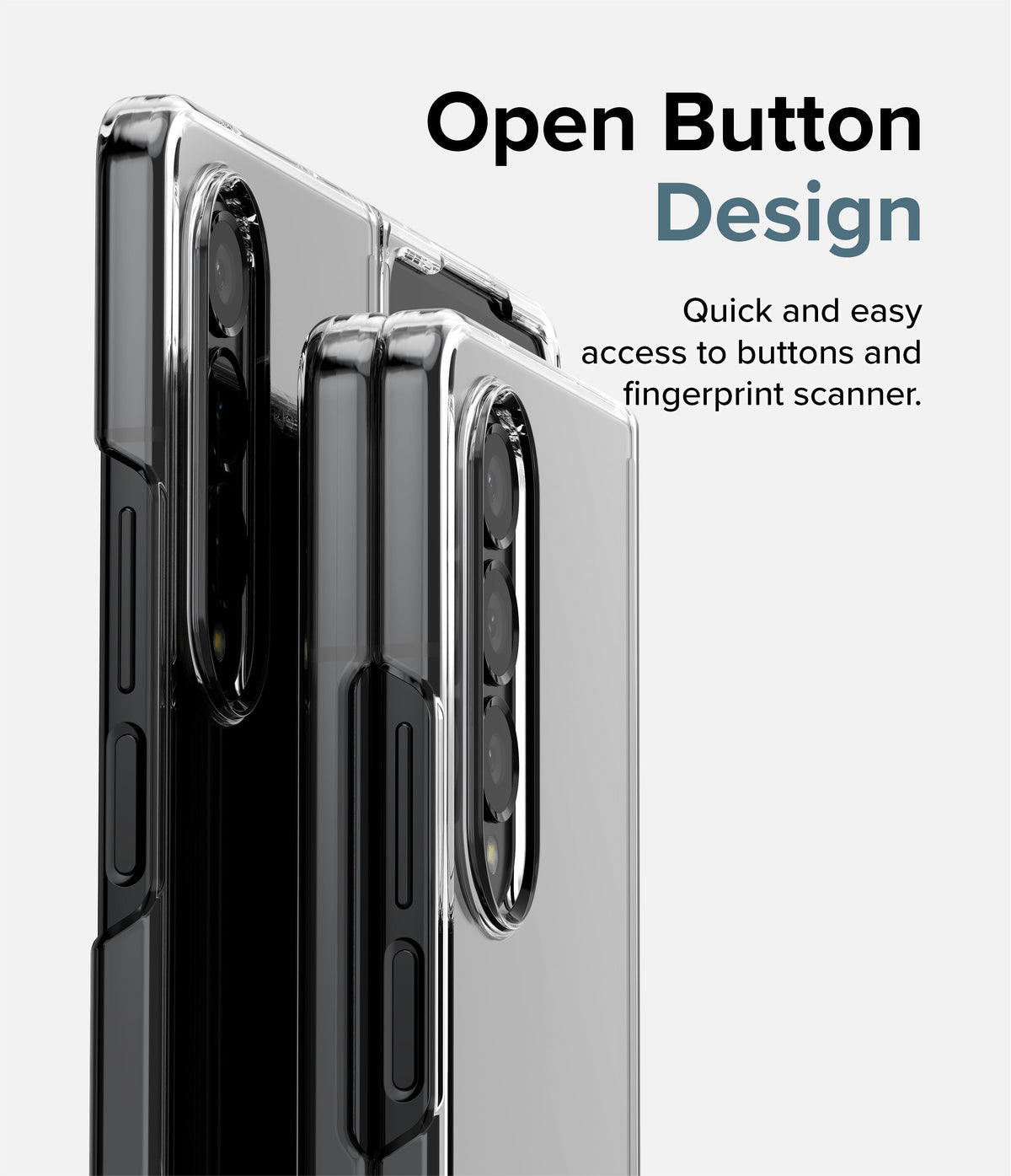 Galaxy Z Fold 4 Case | Slim - Two clear phone cases showing open side cutouts for easy button and fingerprint access.