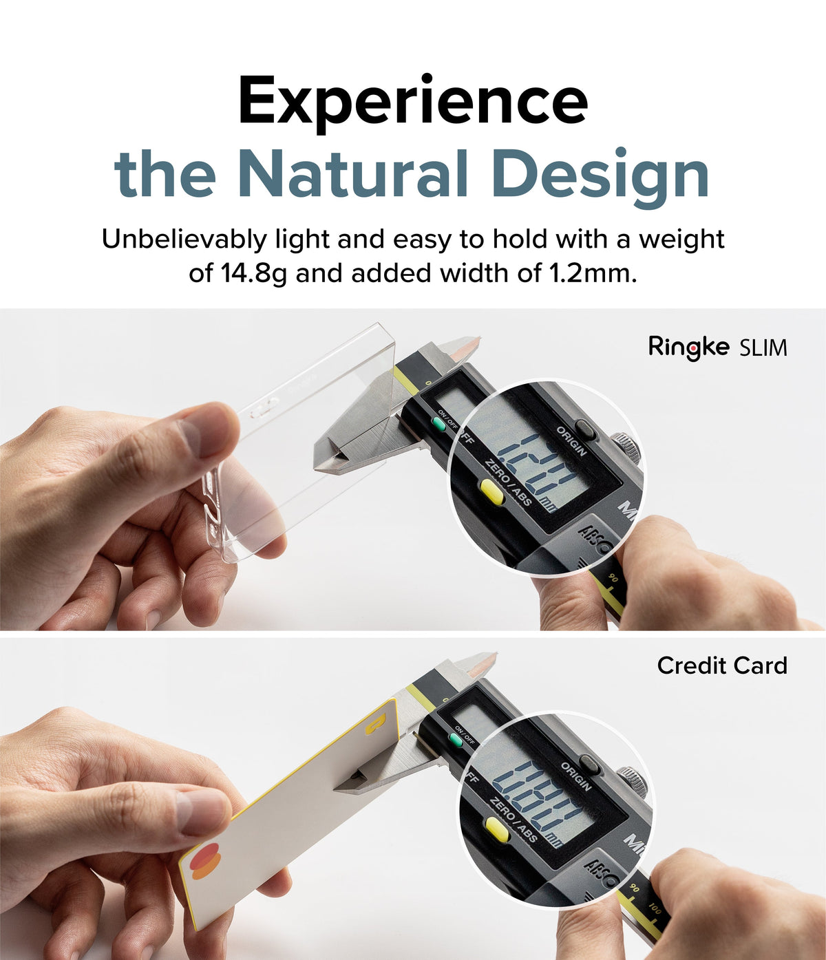 Galaxy Z Fold 4 Case | Slim - Digital calipers measuring the thinness of a clear phone case compared to a credit card.