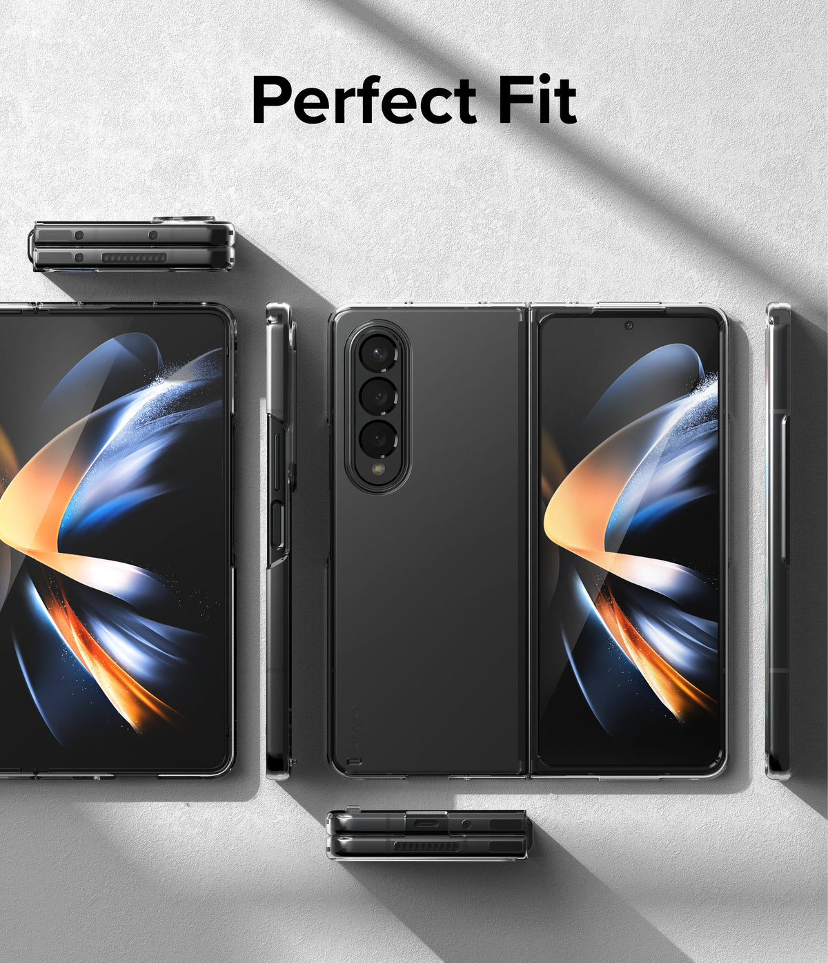 Galaxy Z Fold 4 Case | Slim - Multiple views of a clear phone case on a Galaxy Z Fold 4 against a textured gray background.