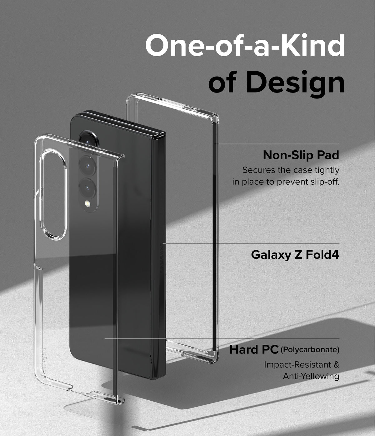 Galaxy Z Fold 4 Case | Slim - Exploded view of a Galaxy Z Fold 4 with a clear, impact-resistant polycarbonate case.