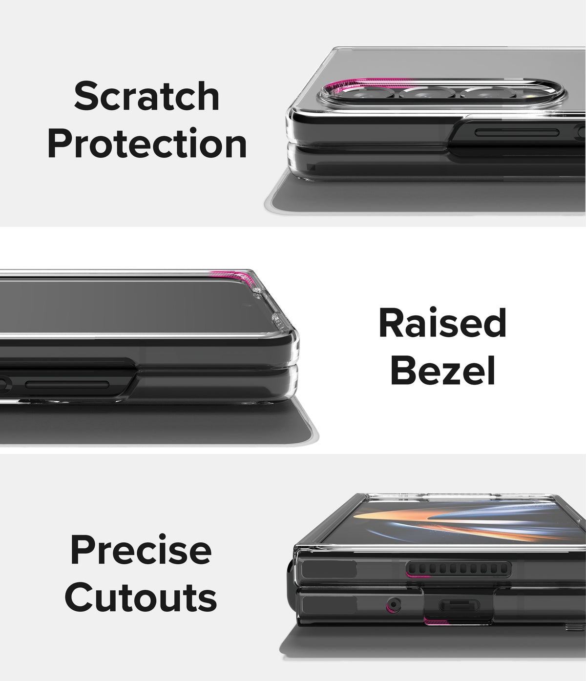 Galaxy Z Fold 4 Case | Slim - Three views of a clear phone case highlighting camera protection, raised bezels, and precise cutouts.