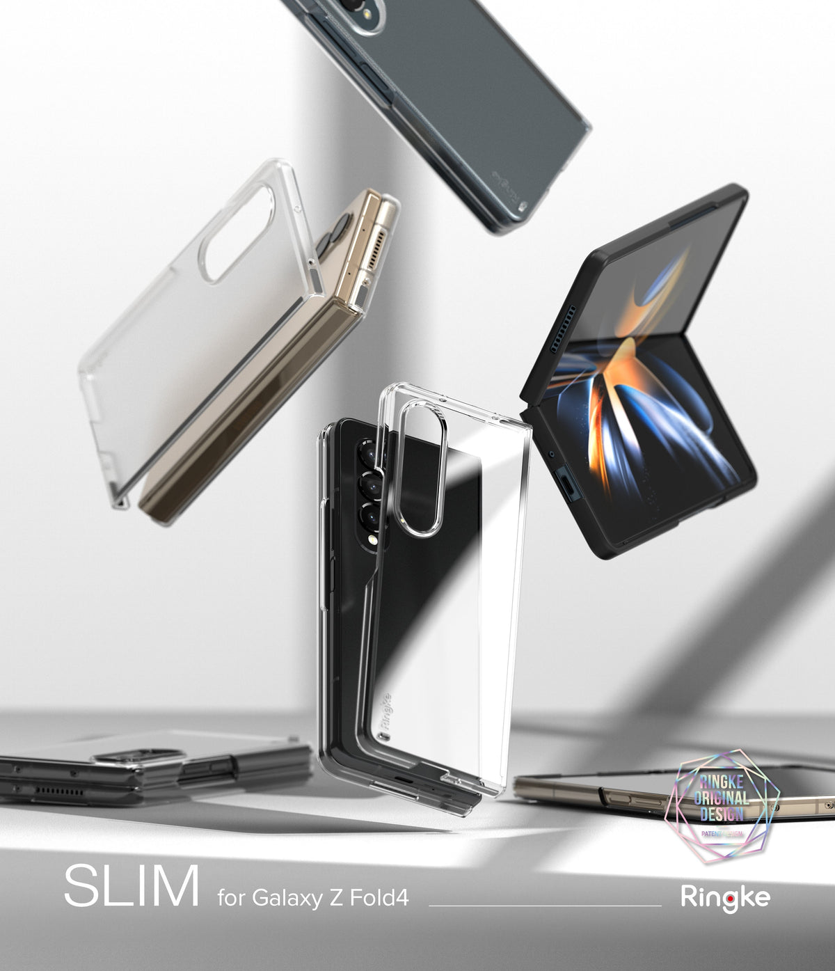 Galaxy Z Fold 4 Case | Slim - Multiple Galaxy Z Fold 4 phones and clear protective cases floating against a white background.