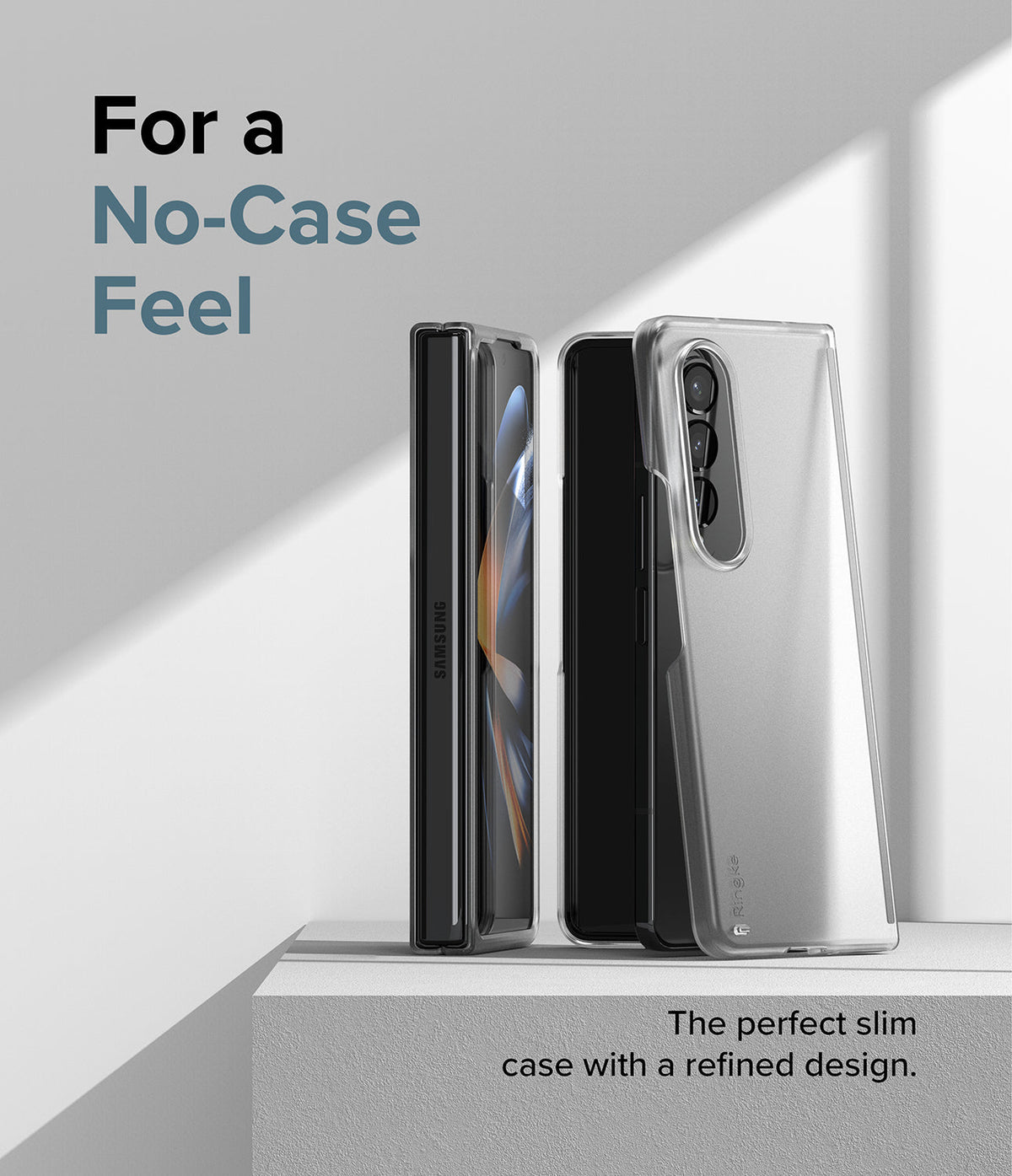 Galaxy Z Fold 4 Case | Slim - A clear, slim phone case displayed next to a folded Galaxy Z Fold 4 on a white platform.