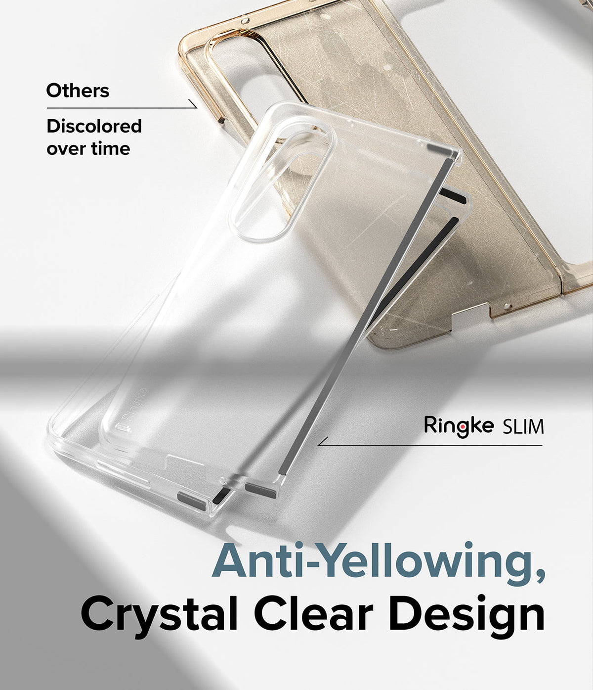 Galaxy Z Fold 4 Case | Slim - Comparison of a clear Ringke case against a yellowed competitor case on a white surface.