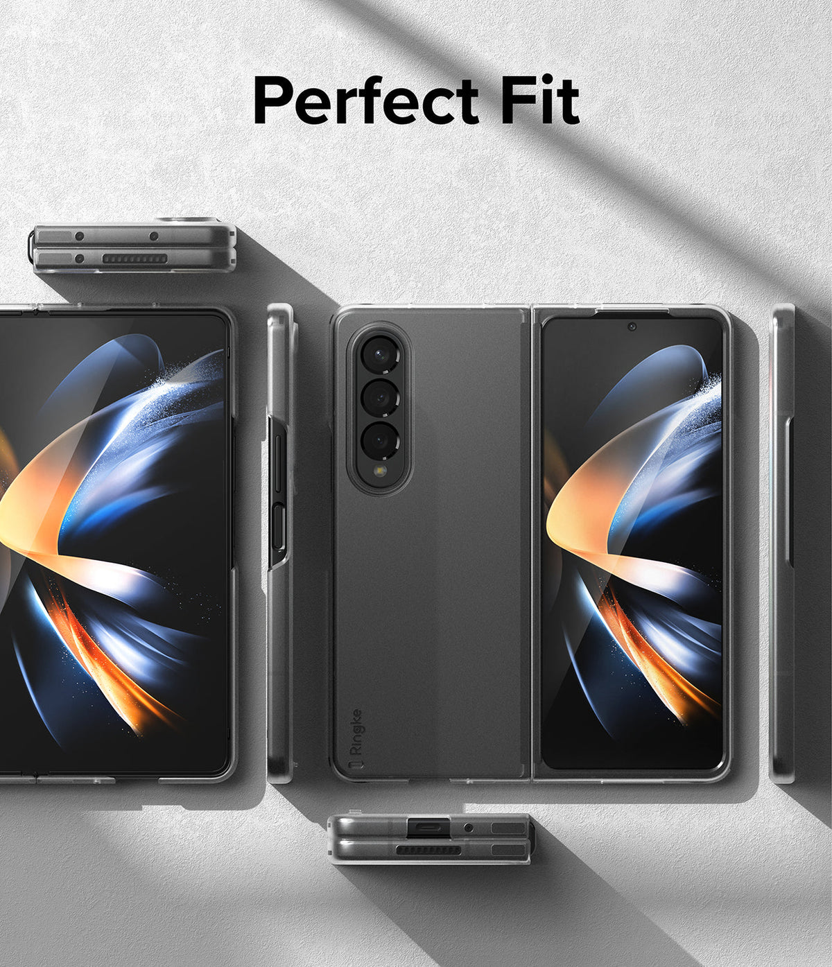 Galaxy Z Fold 4 Case | Slim - Multiple views of a Galaxy Z Fold 4 in a slim, clear case on a textured gray surface.