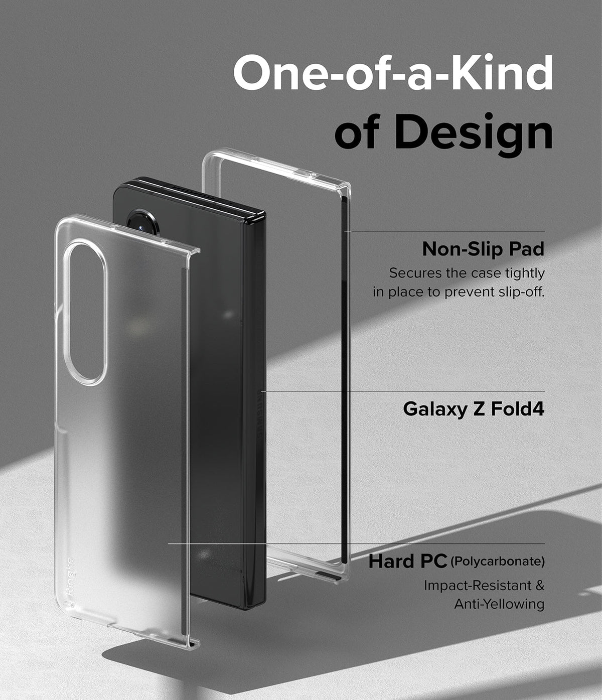 Galaxy Z Fold 4 Case | Slim - Exploded view of a clear phone case and black Galaxy Z Fold 4 with labels for features.
